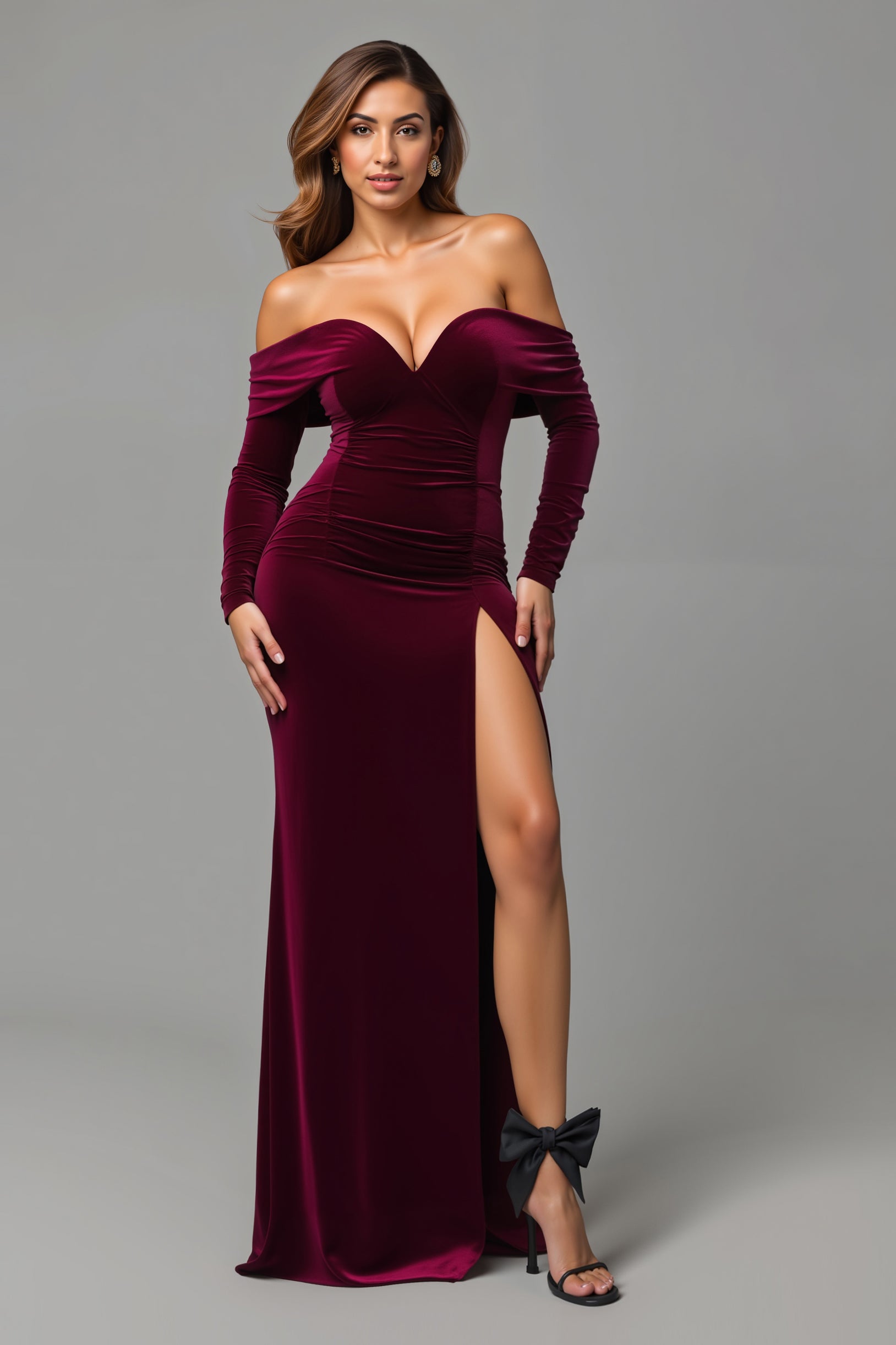 Leely Women Burgundy Velvet Sheath Holiday Party Dress with Slit Off the Shoulder Long Sleeves Formal Dress