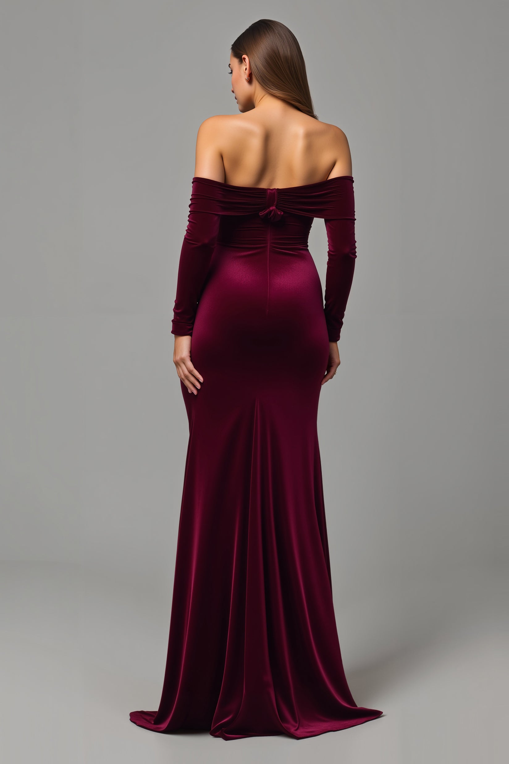 Burgundy Sheath Velvet Off the Shoulder Maxi Holiday Party Dress with Slit