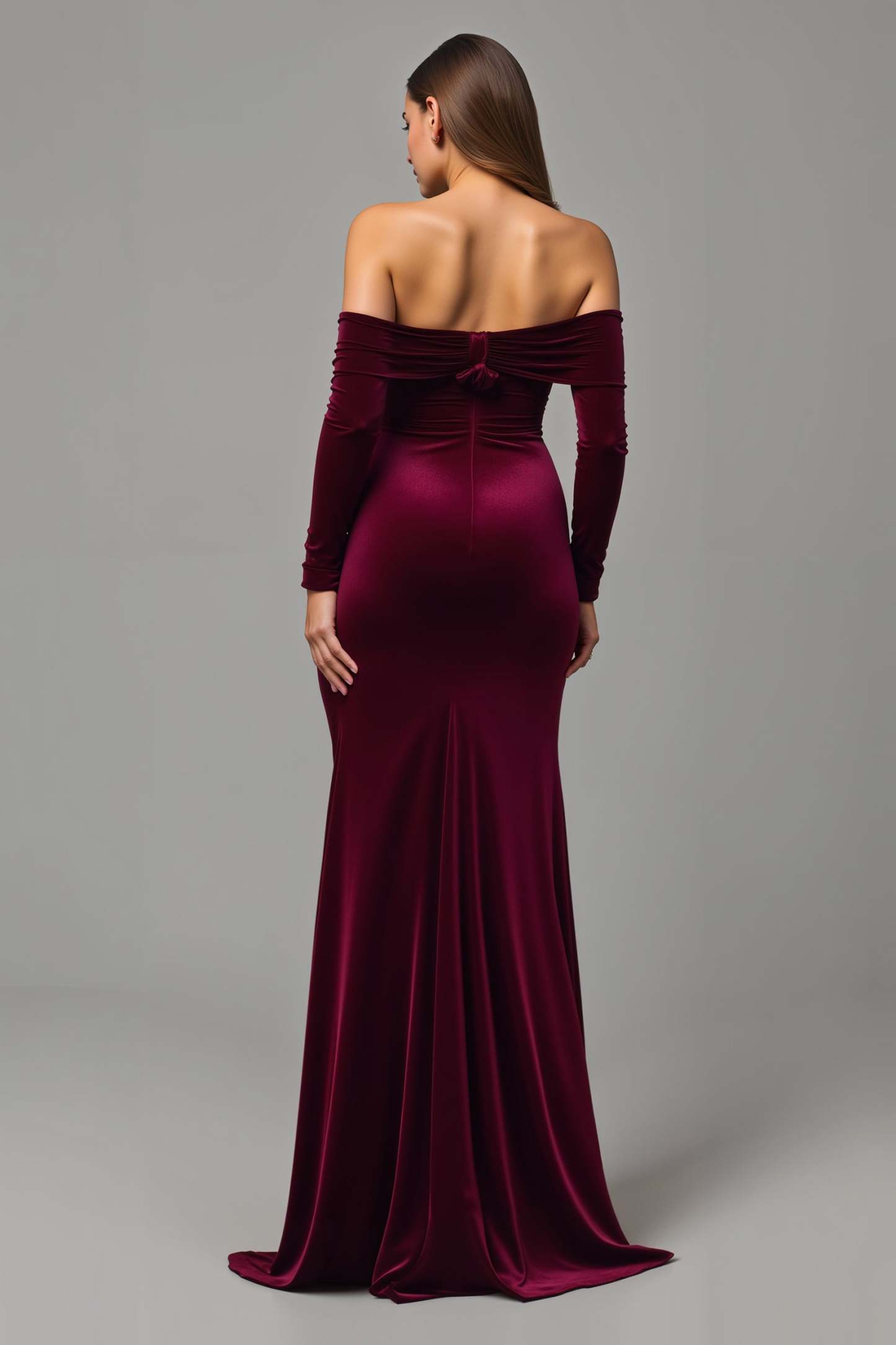 Burgundy Sheath Velvet Off the Shoulder Maxi Holiday Party Dress with Slit