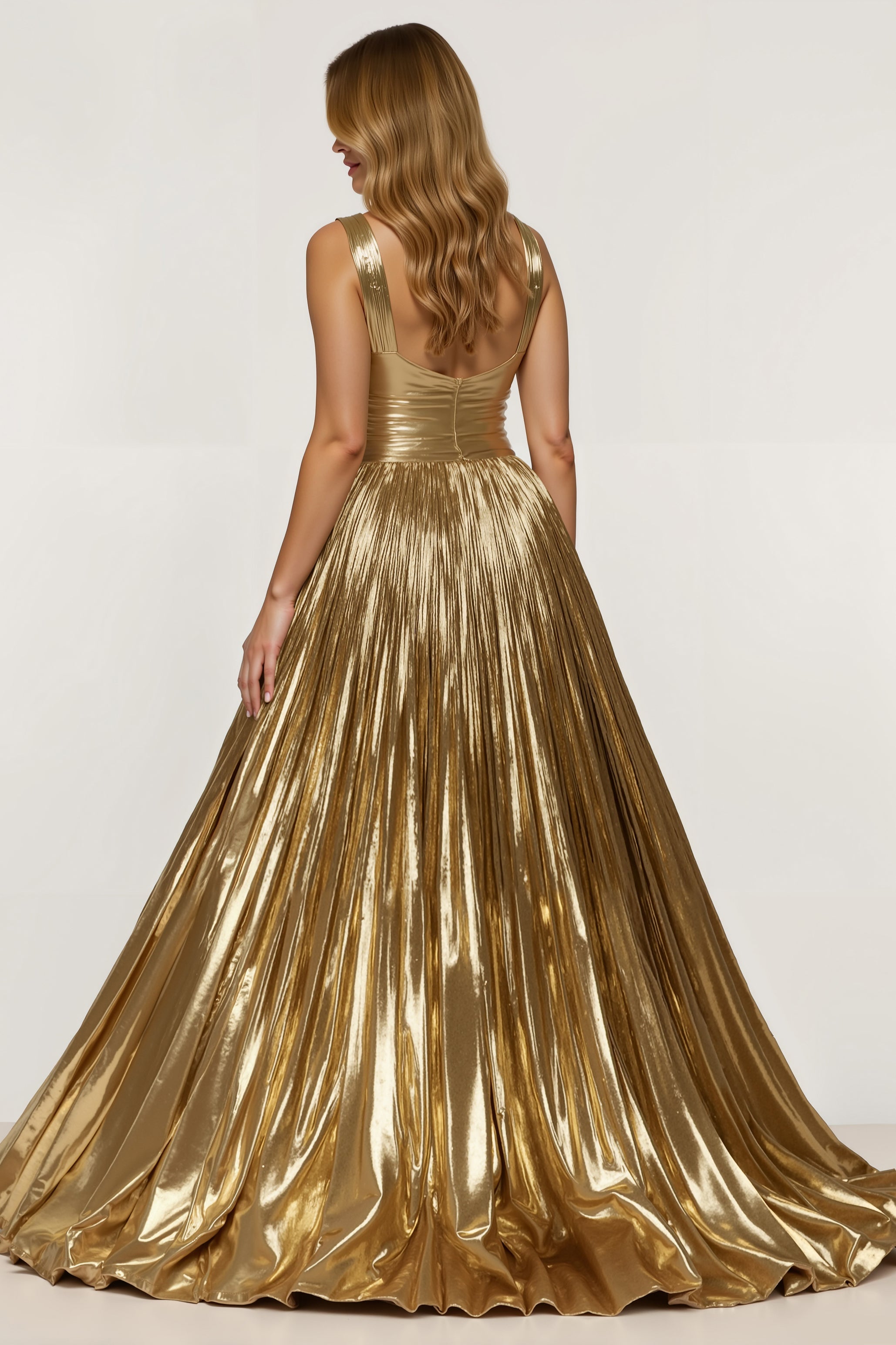Golden Thick Straps Metallic Maxi A Line Prom Dress with Slit