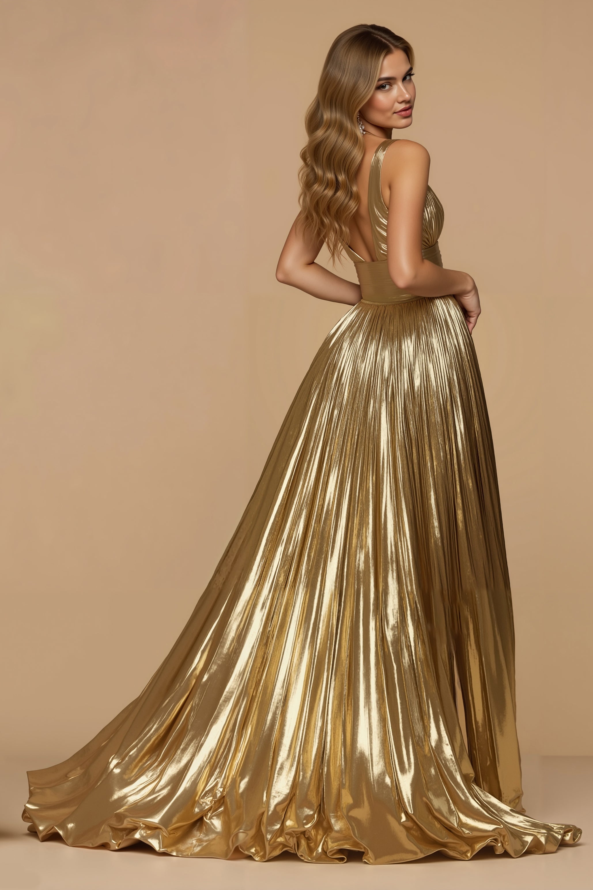 Metallic Golden A Line V-Neck Maxi Pleated Prom Dress with Slit