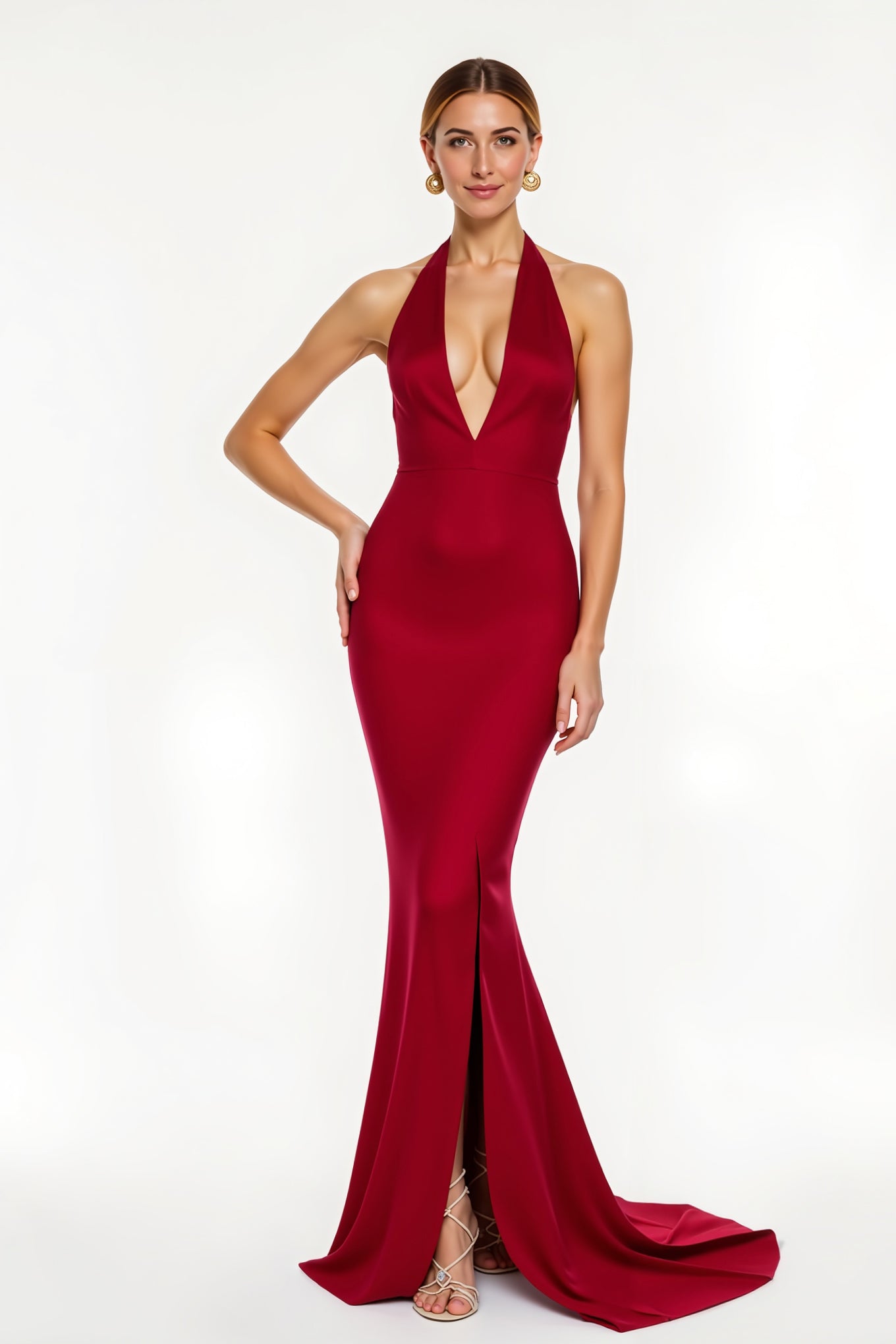 Leely Women Red Satin Mermaid Maxi Holiday Party Dress with Slit Deep V-Neck Open Back Formal Dress