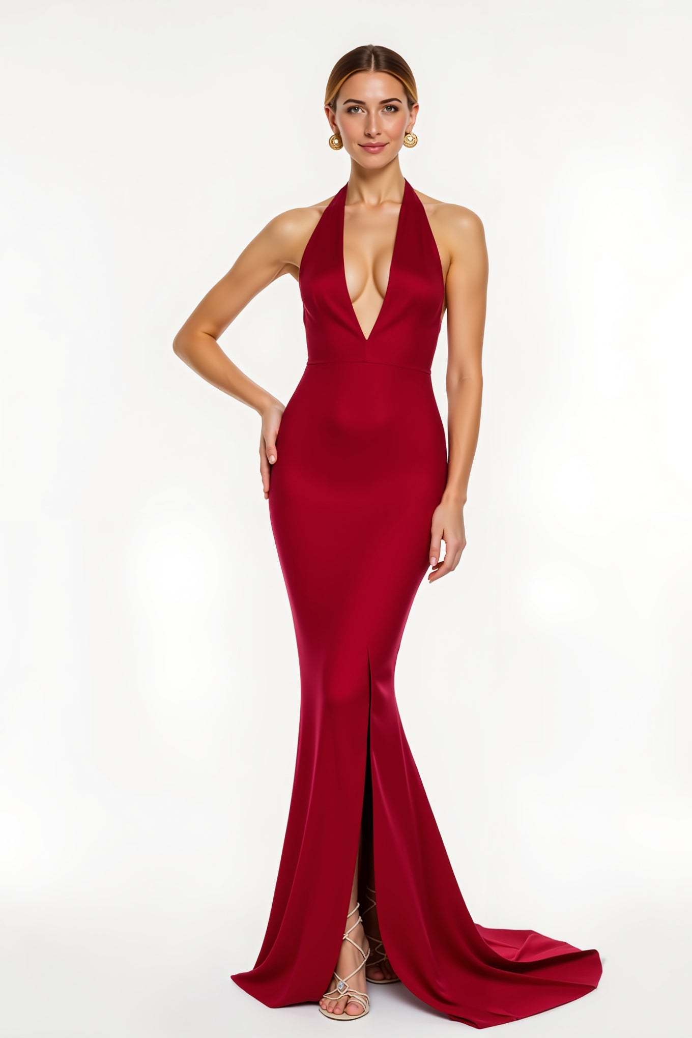 Leely Women Red Satin Mermaid Maxi Holiday Party Dress with Slit Deep V-Neck Open Back Formal Dress