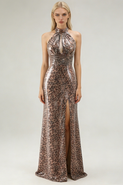 Golden Leopard Sparkly Sequined Mermaid Maxi Holiday Party Dress with Slit