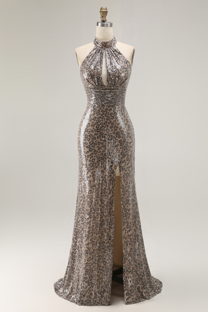 Sparkly Golden Leopard Keyhole Mermaid Maxi Holiday Party Dress with Slit