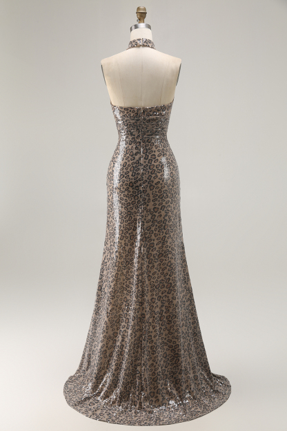 Sparkly Golden Leopard Keyhole Mermaid Maxi Holiday Party Dress with Slit