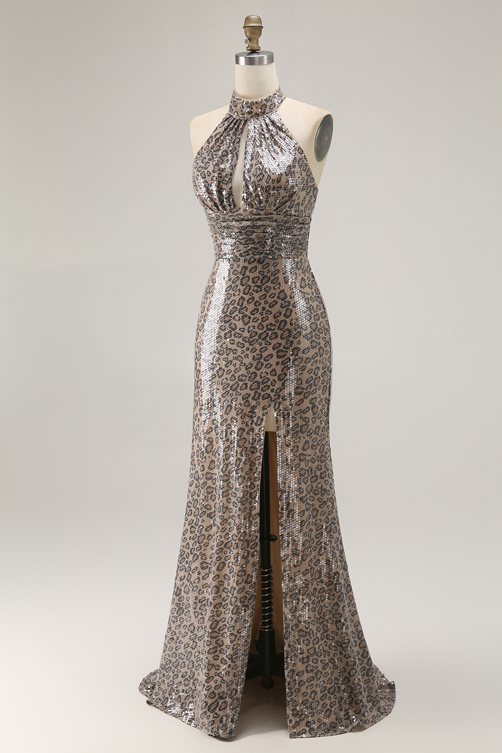 Golden Leopard Sparkly Sequined Mermaid Maxi Holiday Party Dress with Slit