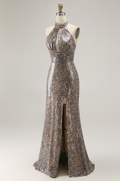 Golden Leopard Sparkly Sequined Mermaid Maxi Holiday Party Dress with Slit
