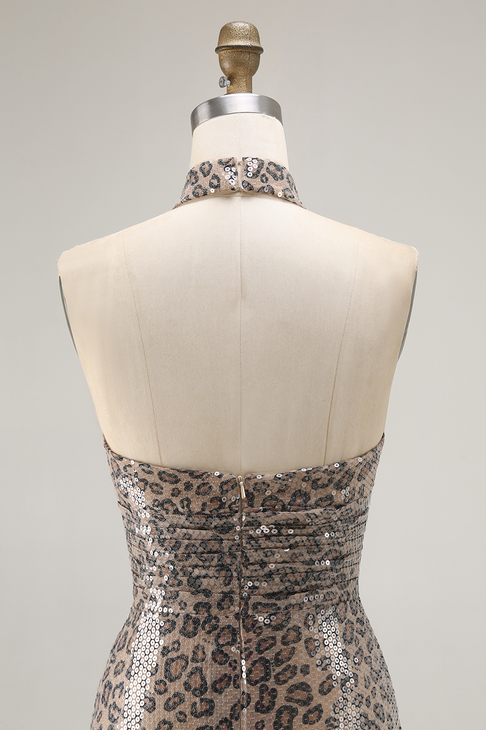 Golden Leopard Sparkly Sequined Mermaid Maxi Holiday Party Dress with Slit