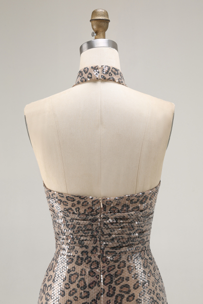 Golden Leopard Sparkly Sequined Mermaid Maxi Holiday Party Dress with Slit