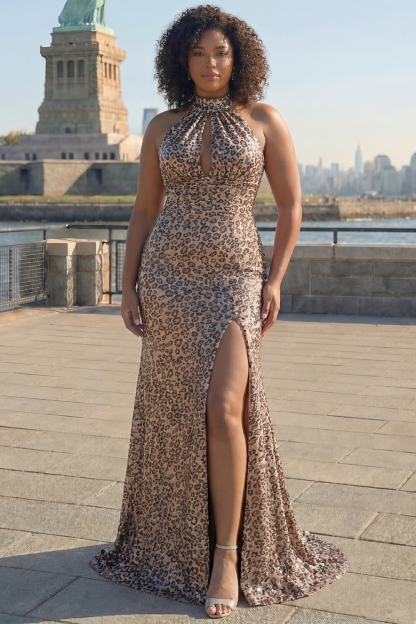 Sparkly Golden Leopard Keyhole Mermaid Maxi Holiday Party Dress with Slit