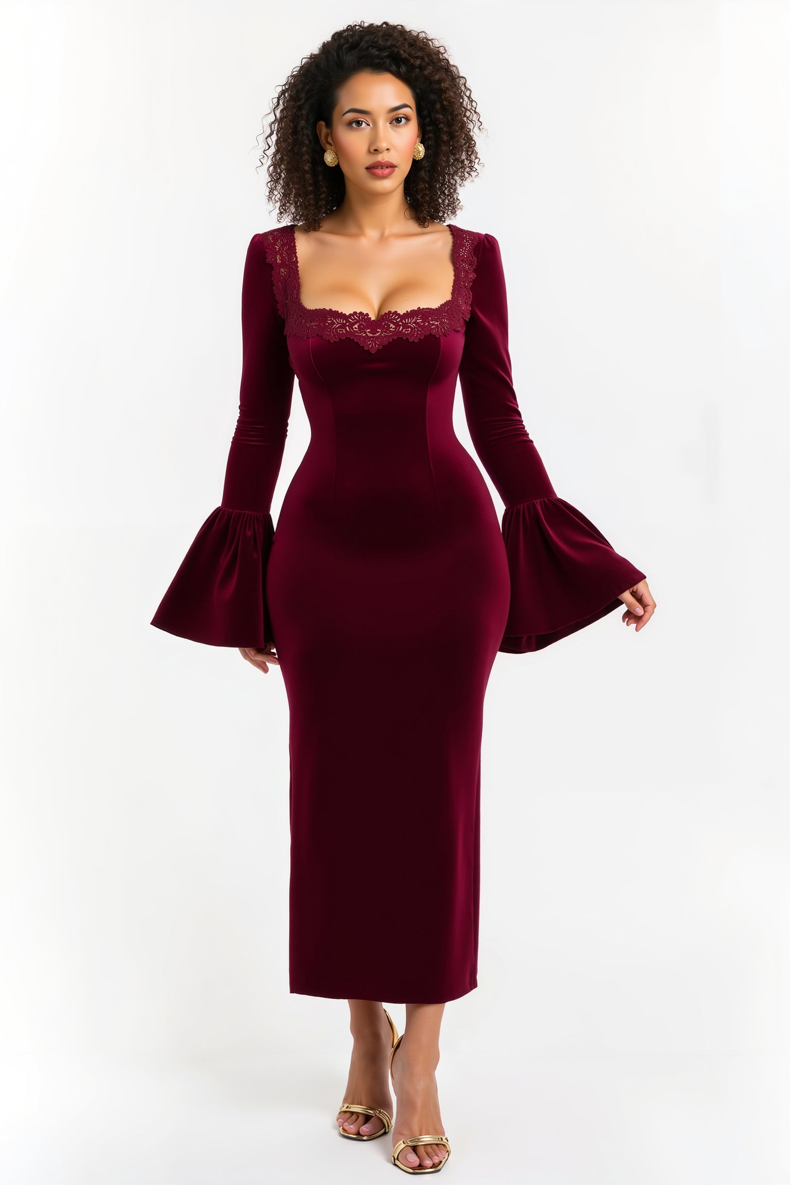 Burgundy Sheath Flare Sleeves Maxi Holiday Party Dress with Lace