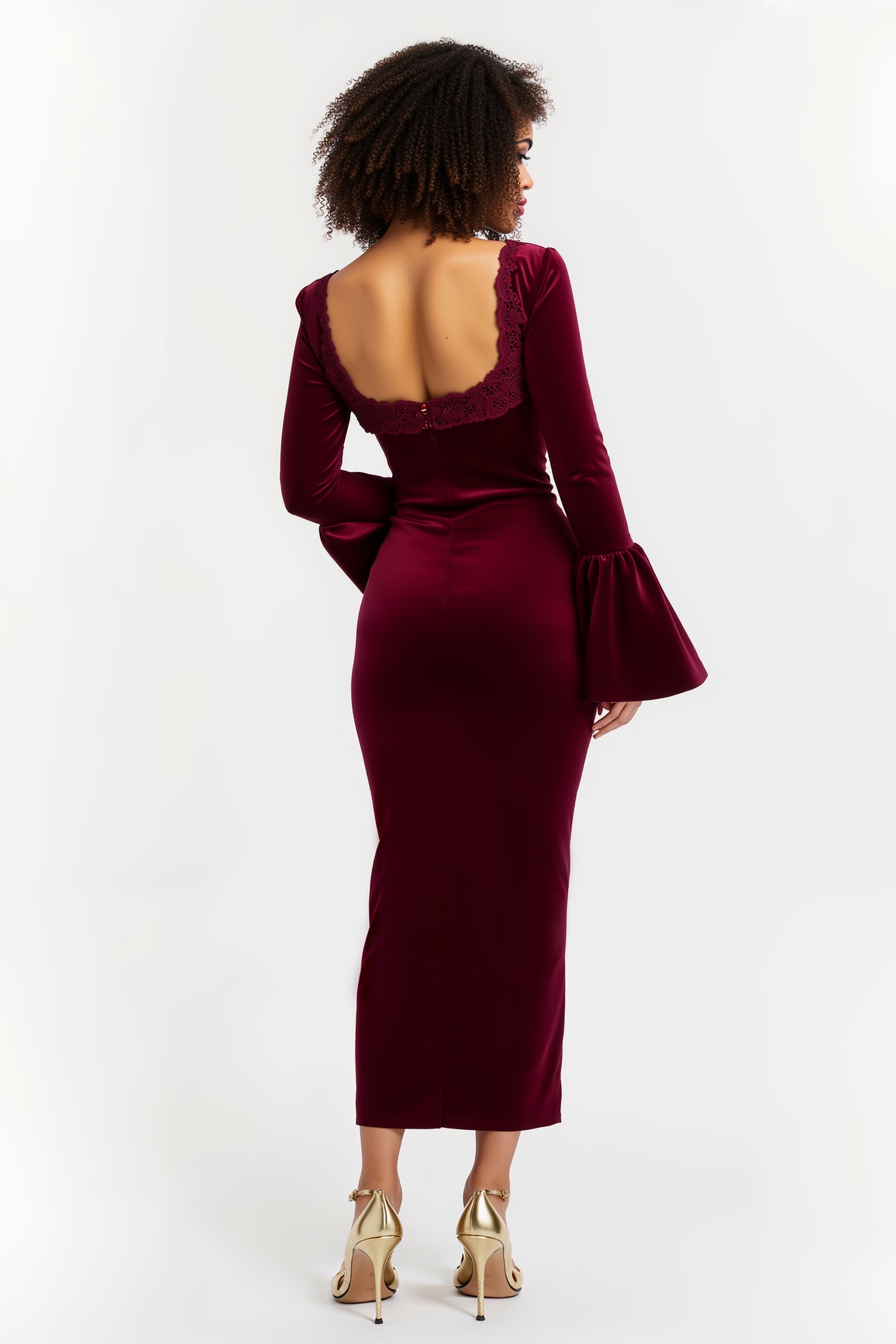 Burgundy Sheath Flare Sleeves Maxi Holiday Party Dress with Lace