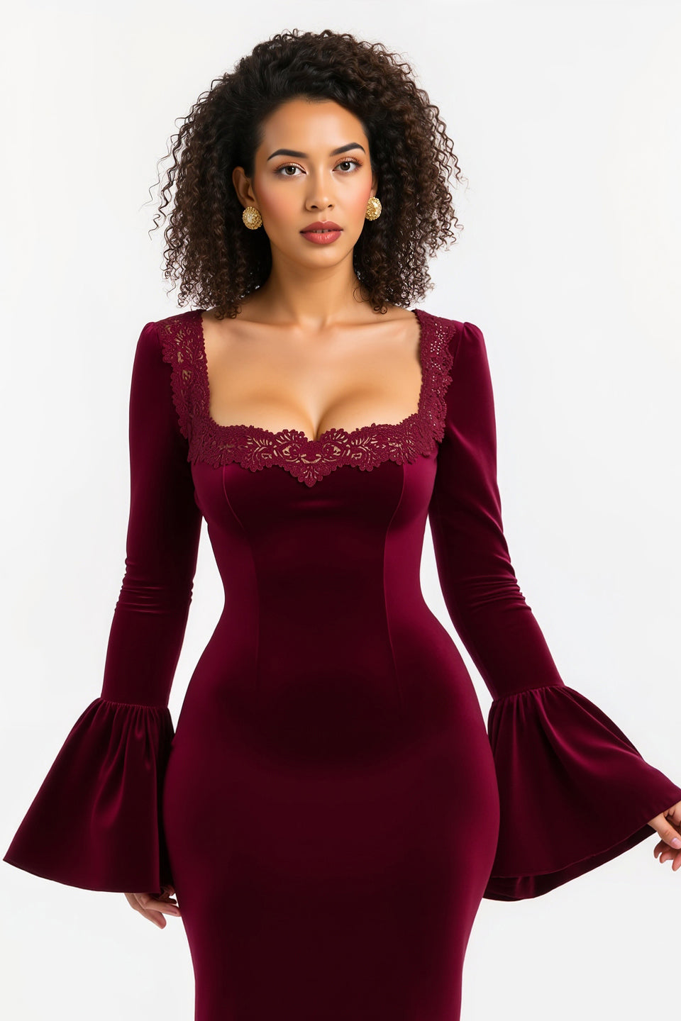 Burgundy Sheath Flare Sleeves Maxi Holiday Party Dress with Lace