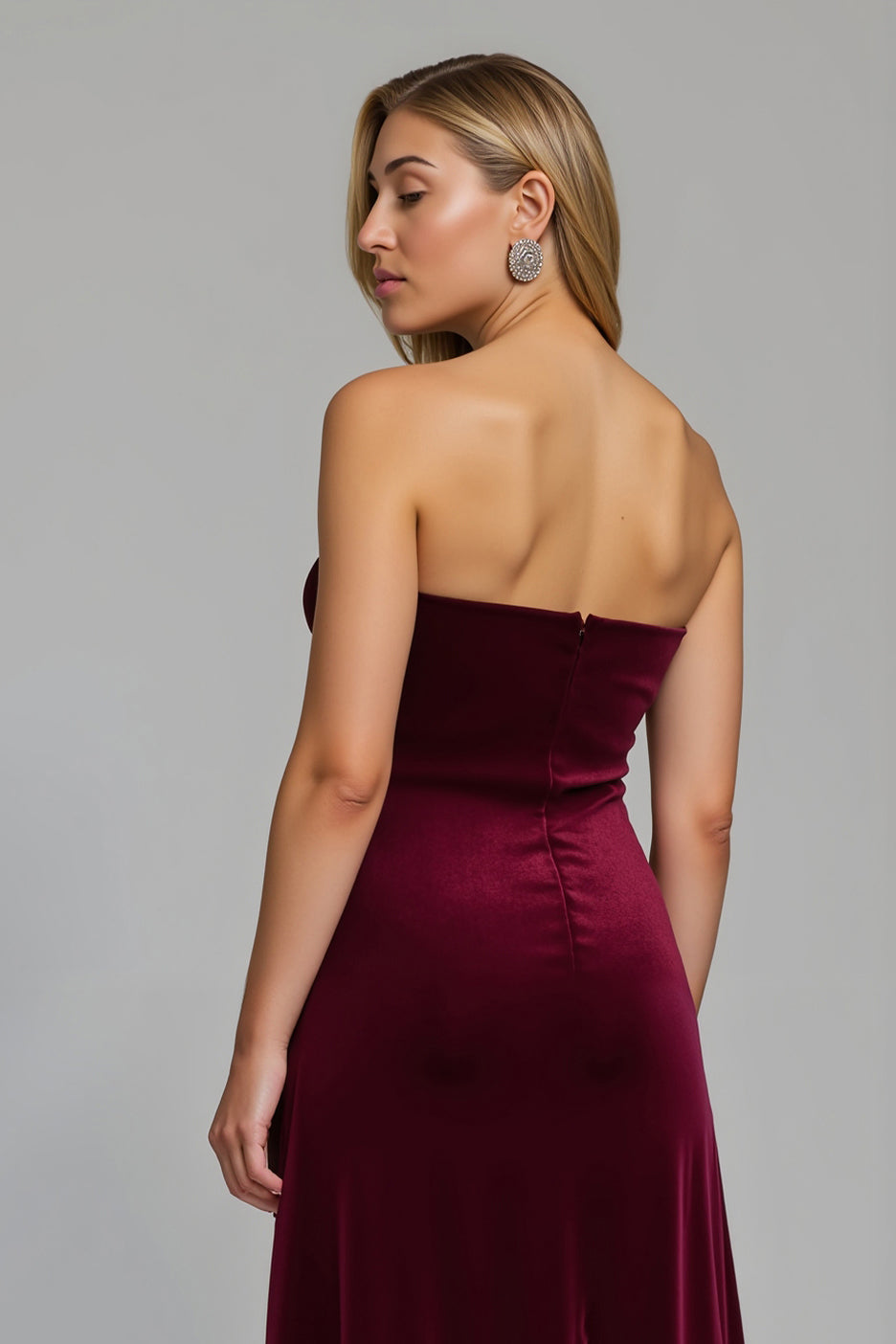 Burgundy Strapless Velvet Ruched Maxi Holiday Party Dress with Slit