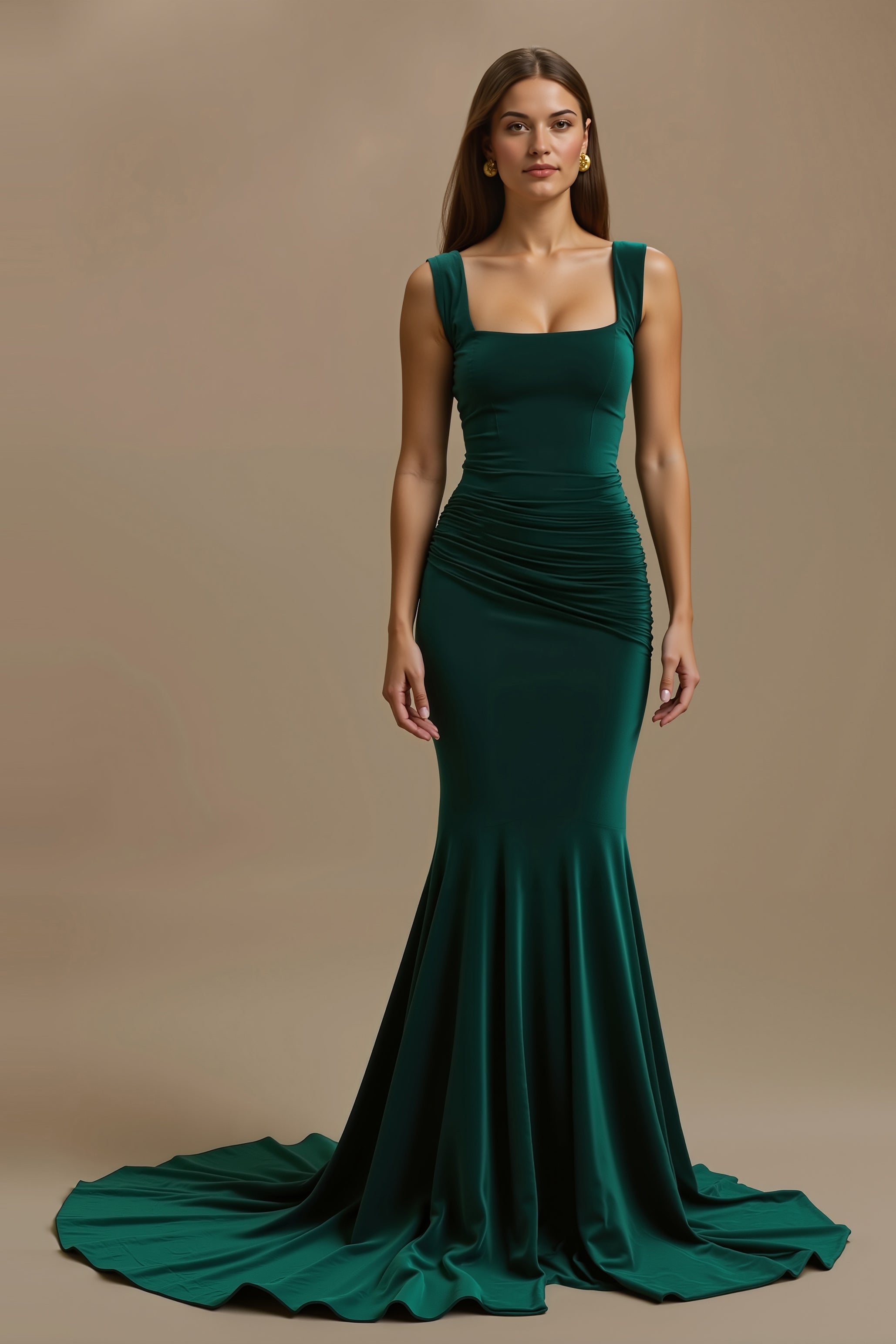 Leely Women Elegant Dark Green Mermaid Maxi Holiday Party Dress Ruched Square Neck Formal Dress