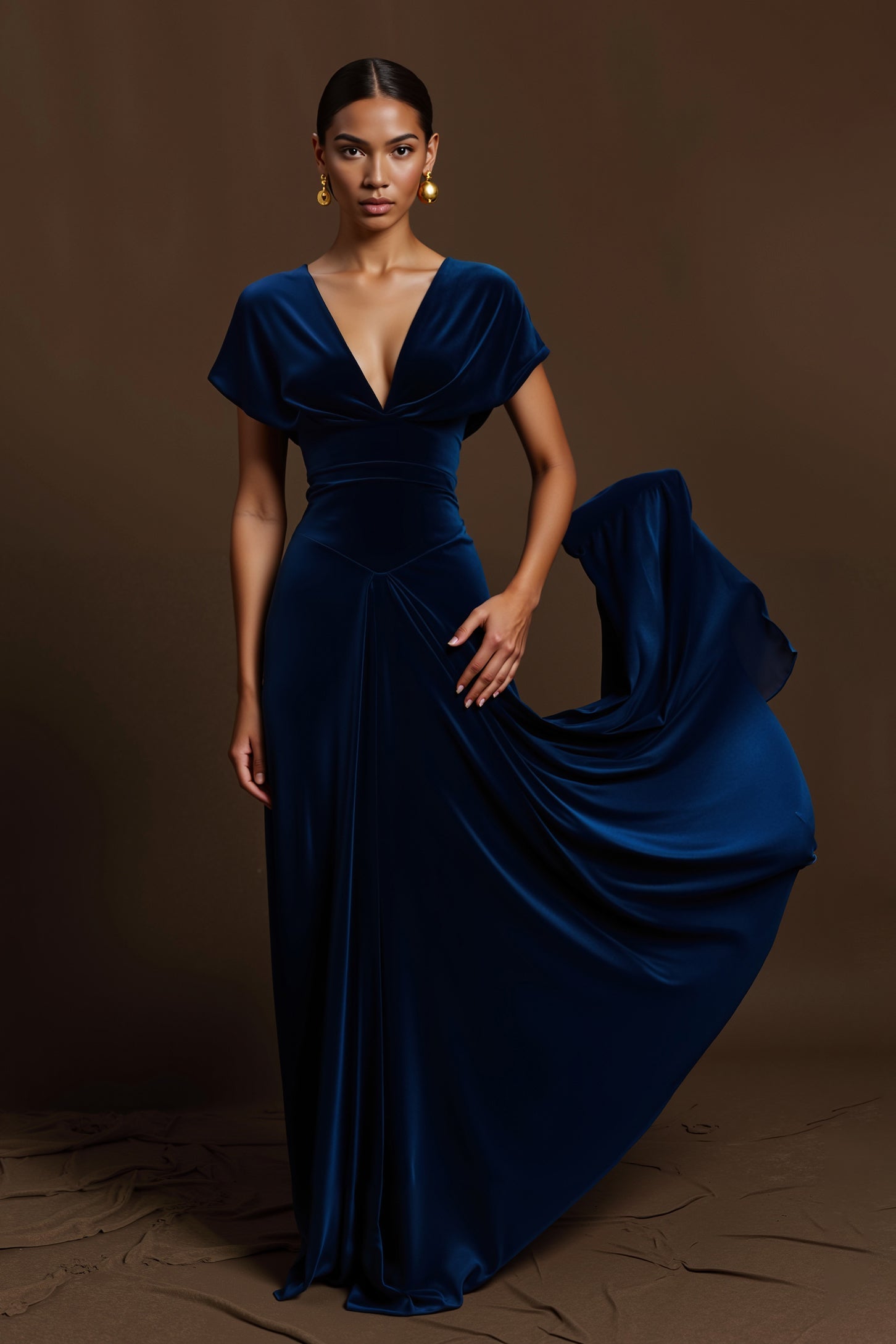 Leely Women Royal Blue Maxi Holiday Party Dress with Sleeves Ruched V-Neck Formal Dress