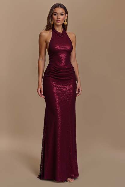 Glitter Burgundy Sheath Ruched Halter Maxi Holiday Party Dress