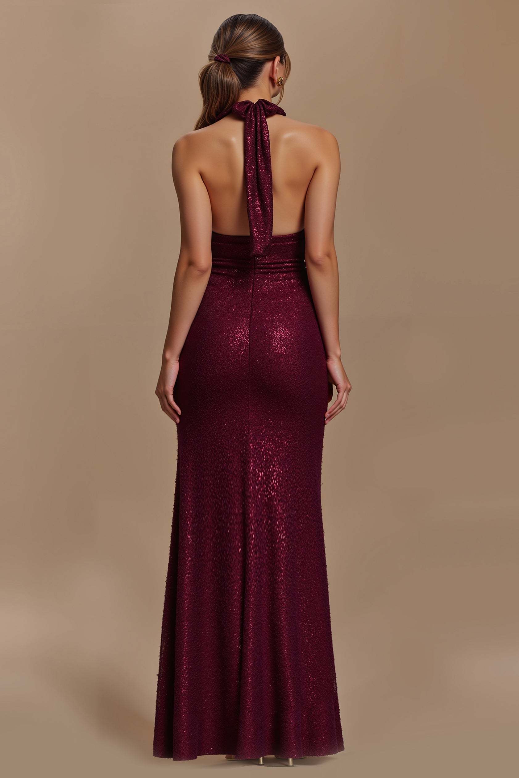 Glitter Burgundy Sheath Ruched Halter Maxi Holiday Party Dress