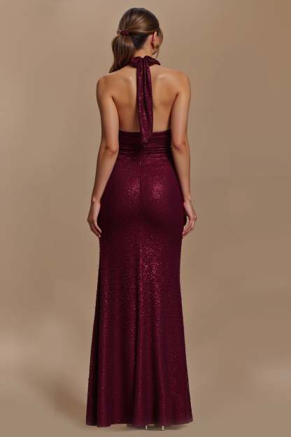 Glitter Burgundy Sheath Ruched Halter Maxi Holiday Party Dress