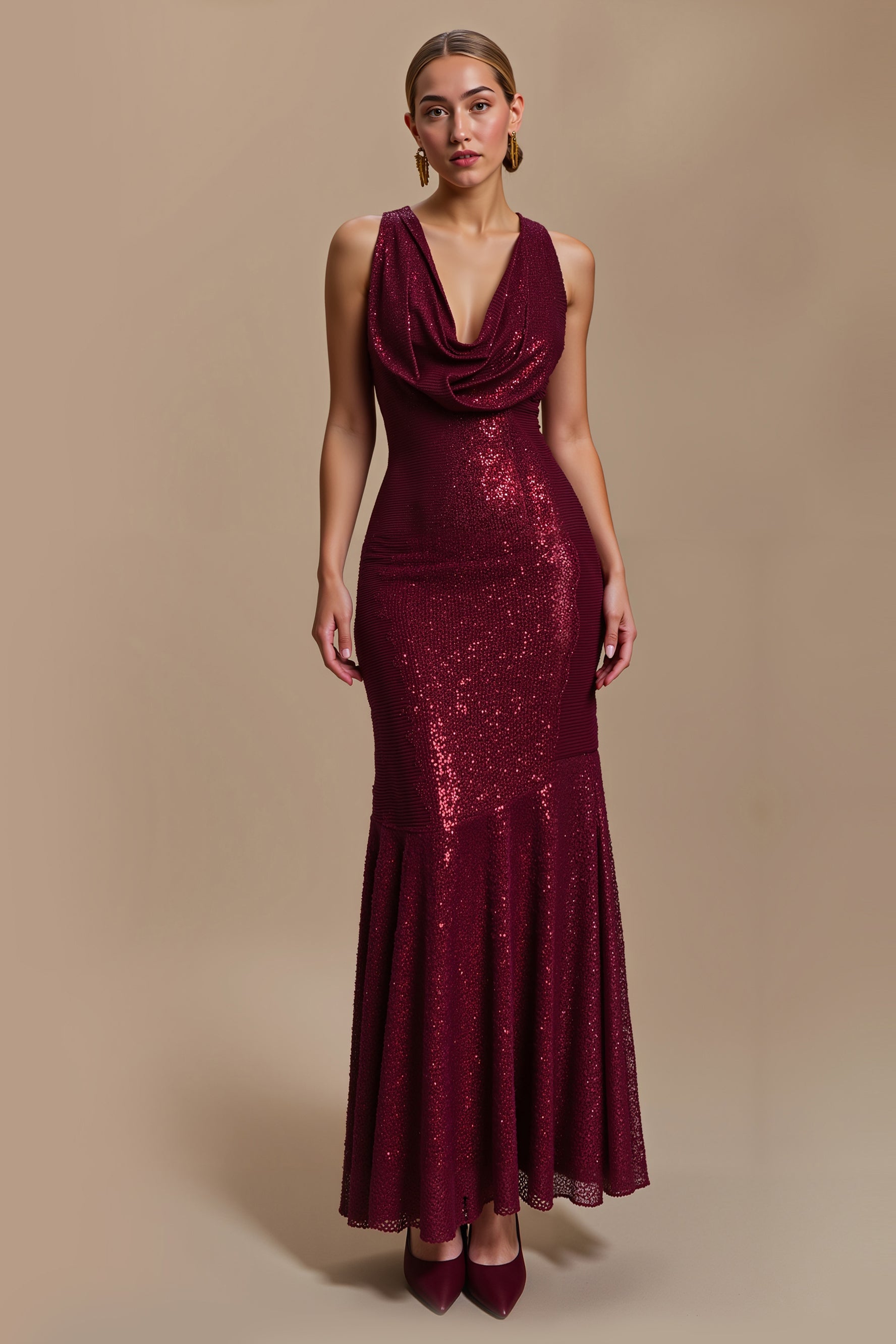 Sparkly Burgundy Sheath Cowl Neck Long Holiday Party Dress with Ruffles