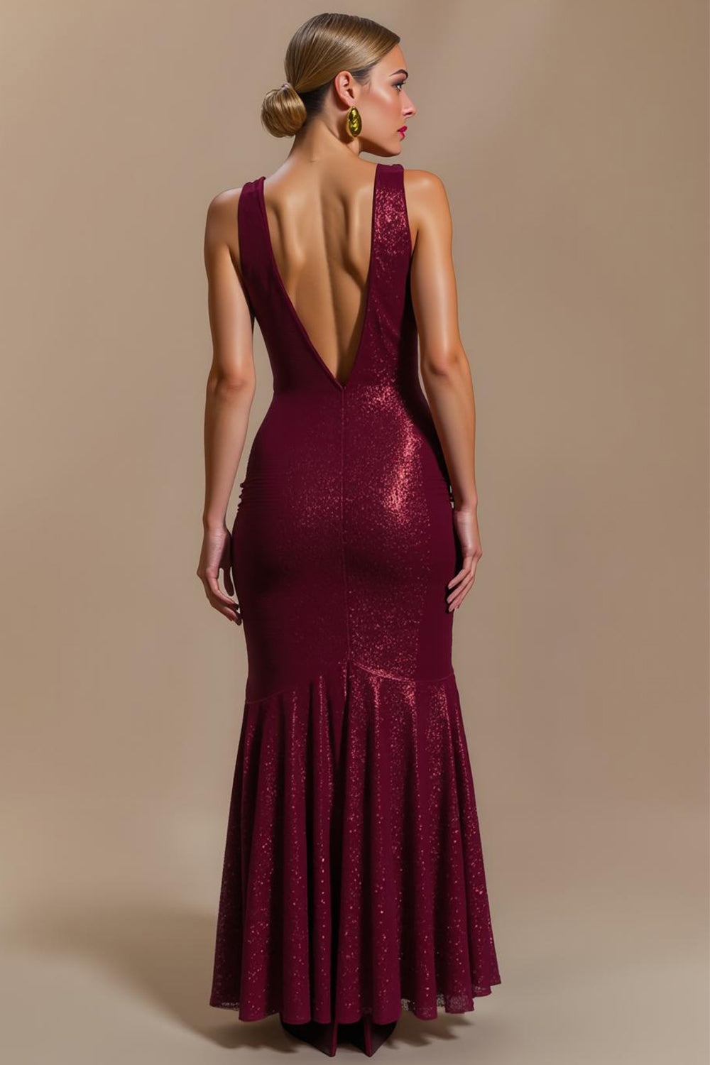 Sparkly Burgundy Sheath Cowl Neck Long Holiday Party Dress with Ruffles