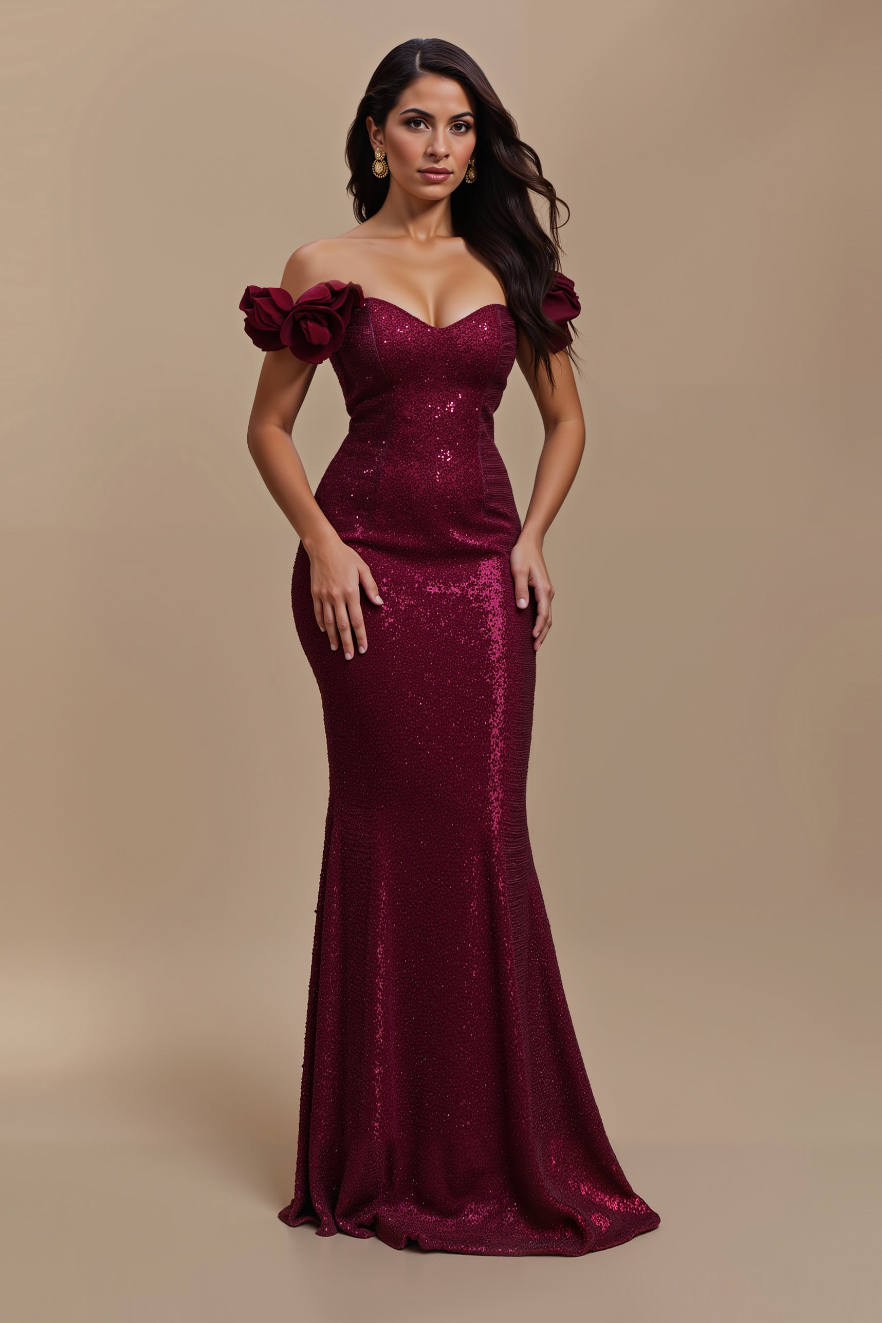 Sparkly Burgundy 3D Flowers Mermaid Long Holiday Party Dress