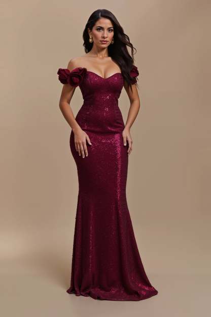 Leely Women Sparkly Burgundy Mermaid Maxi Holiday Party Dress with 3D Flowers Off the Shoulder Evening Dress