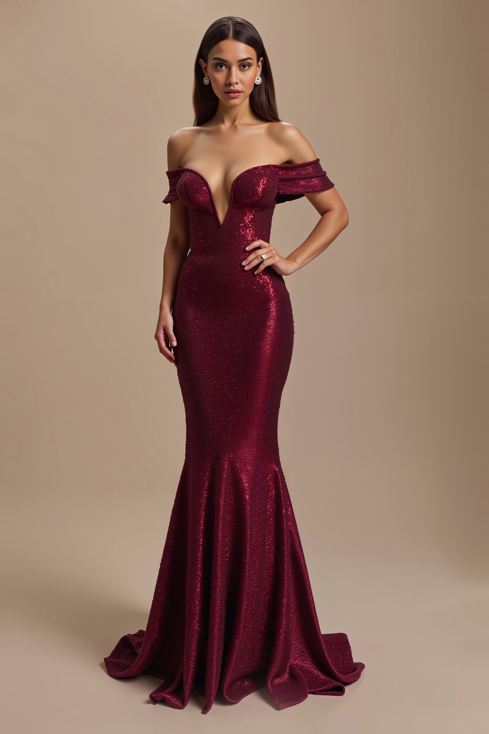 Burgundy Mermaid Off the Shoulder Sparkly Long Holiday Party Dress