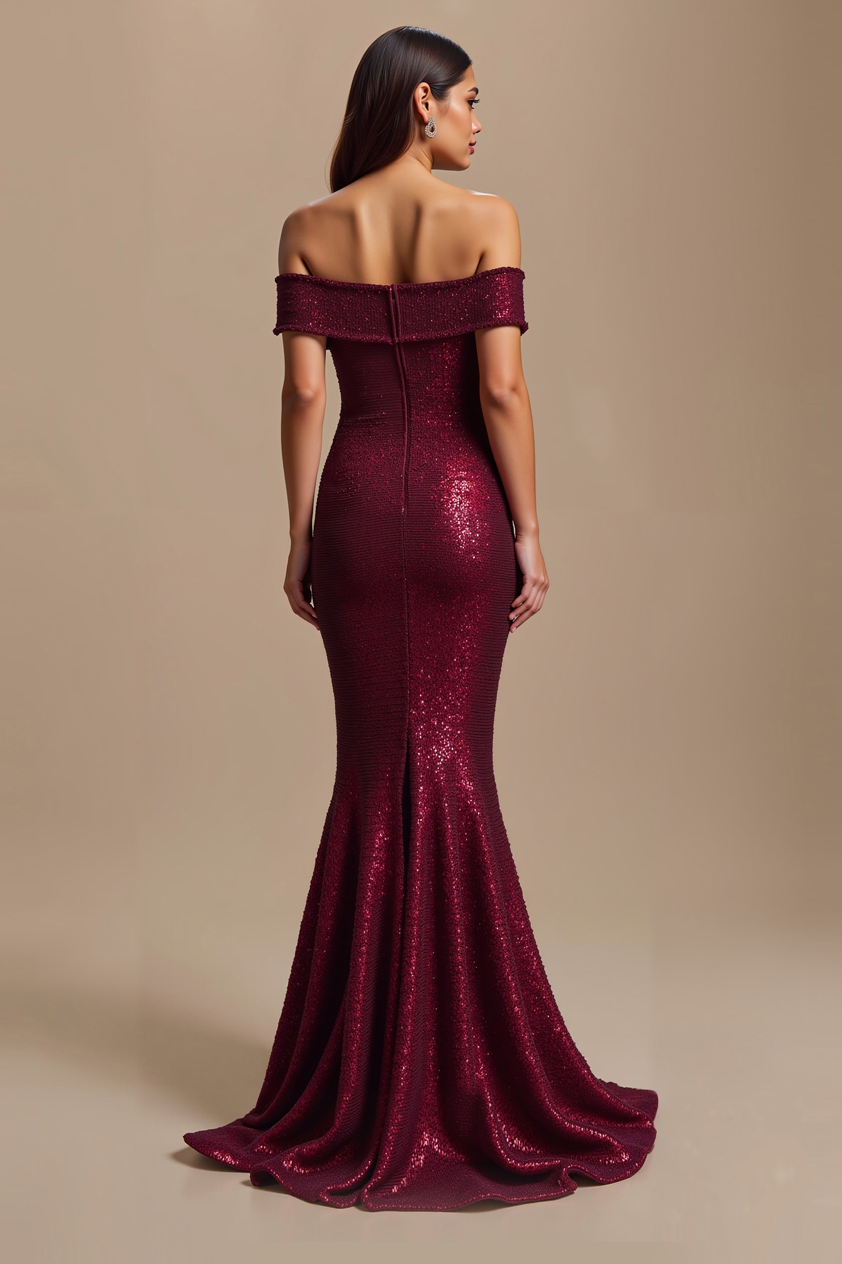 Burgundy Mermaid Off the Shoulder Sparkly Long Holiday Party Dress
