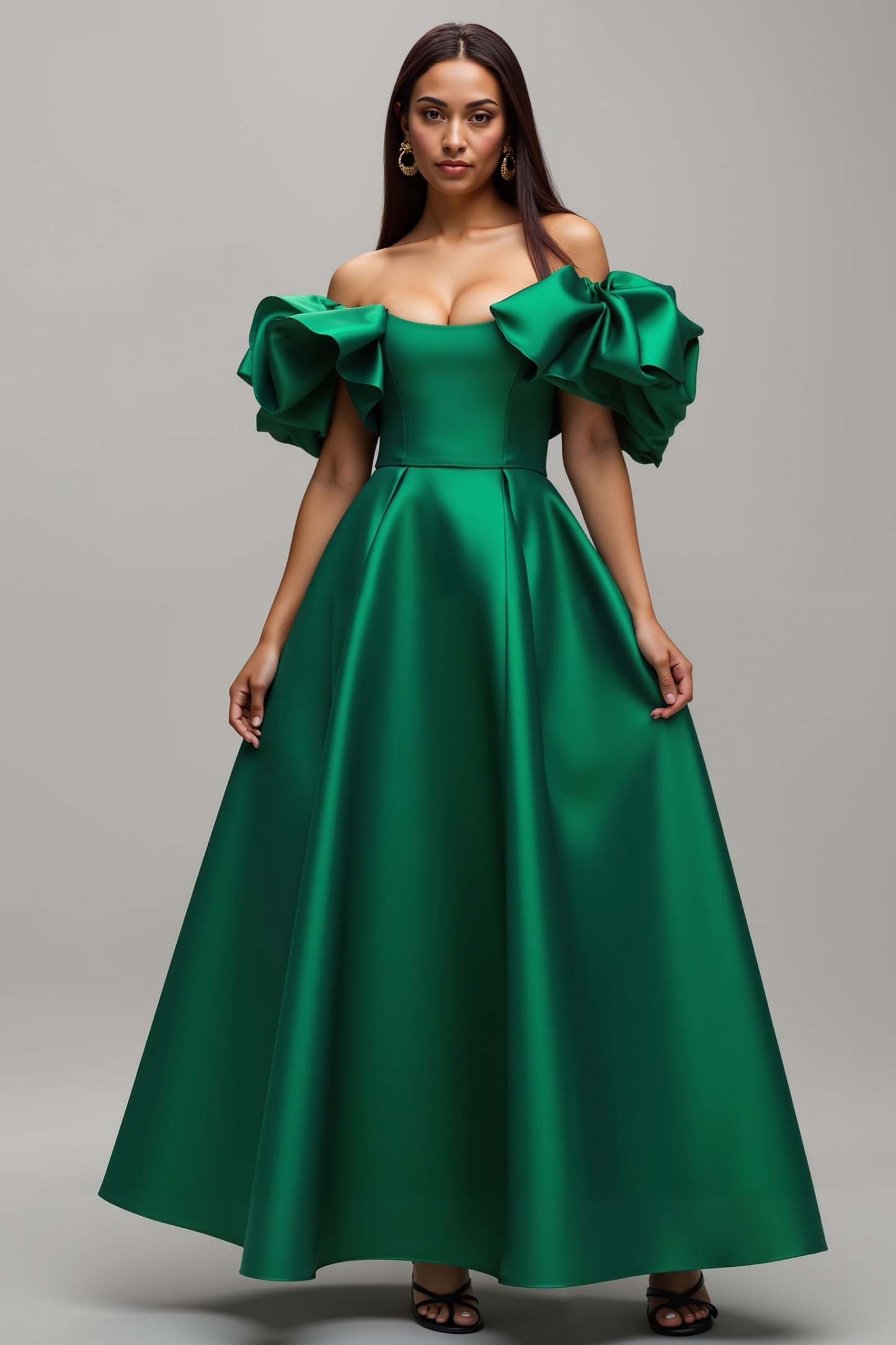 Leely Women Dark Green A Line Maxi Prom Dress Puff Sleeves Ball Gown Satin Ruffled Formal Dress