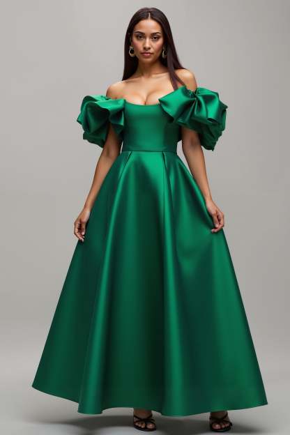 Leely Women Dark Green A Line Maxi Prom Dress Puff Sleeves Ball Gown Satin Ruffled Formal Dress