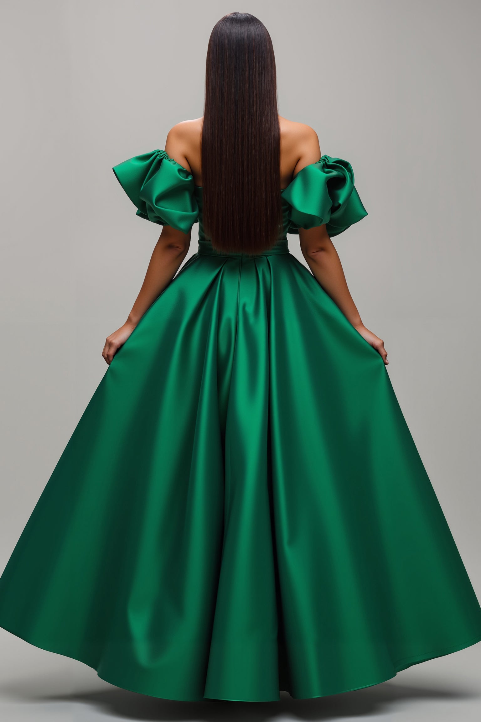 Dark Green Puff Sleeves Satin A Line Long Prom Dress
