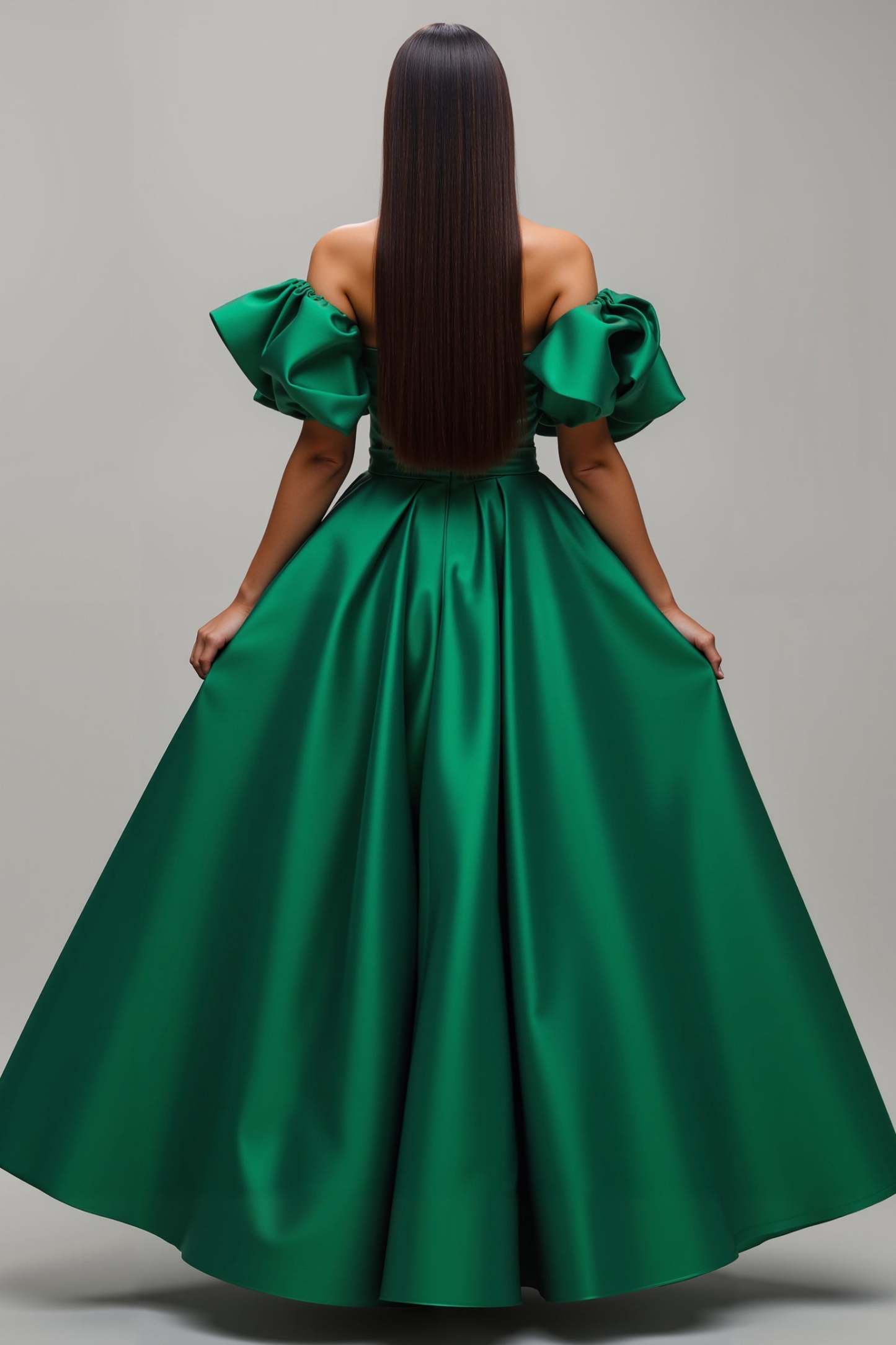 Dark Green Puff Sleeves Satin A Line Long Prom Dress