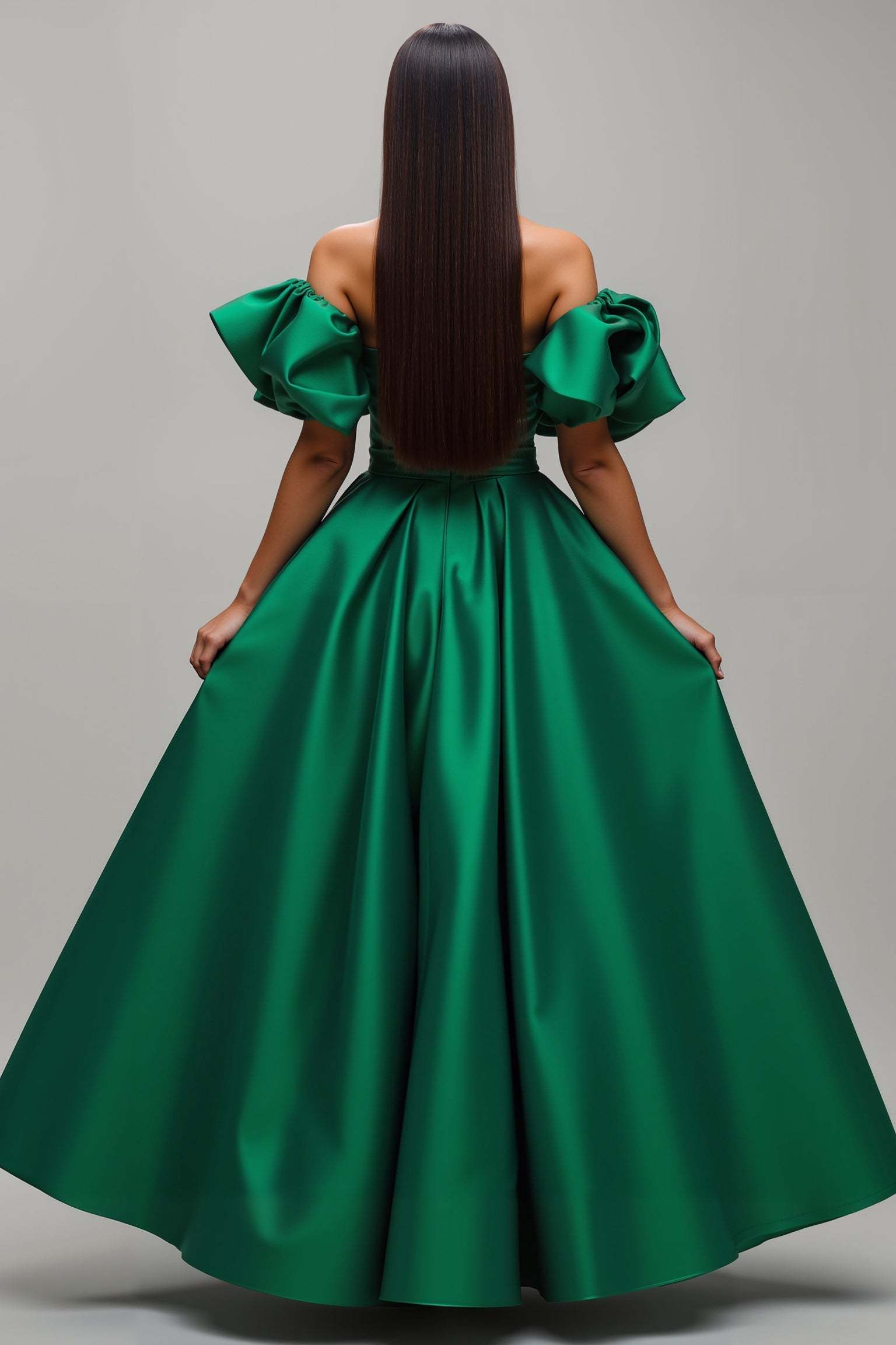 Dark Green Puff Sleeves Satin A Line Long Prom Dress