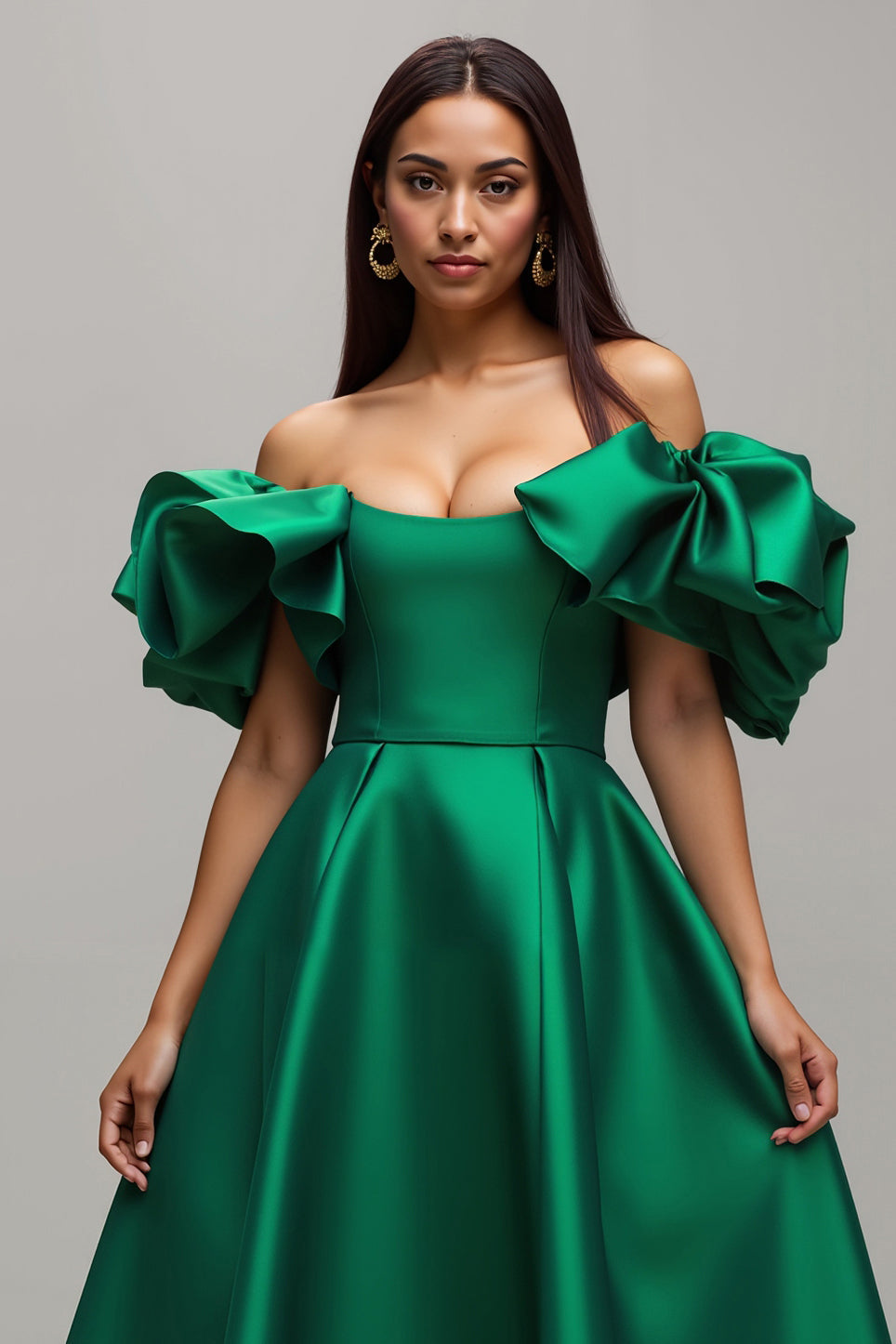 Dark Green Puff Sleeves Satin A Line Long Prom Dress