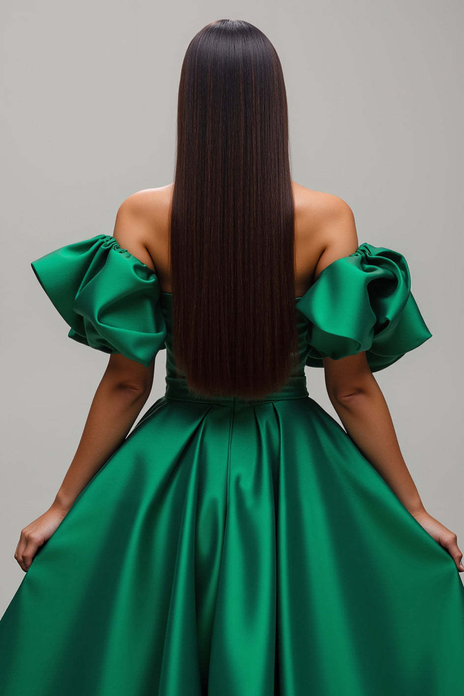 Dark Green Puff Sleeves Satin A Line Long Prom Dress