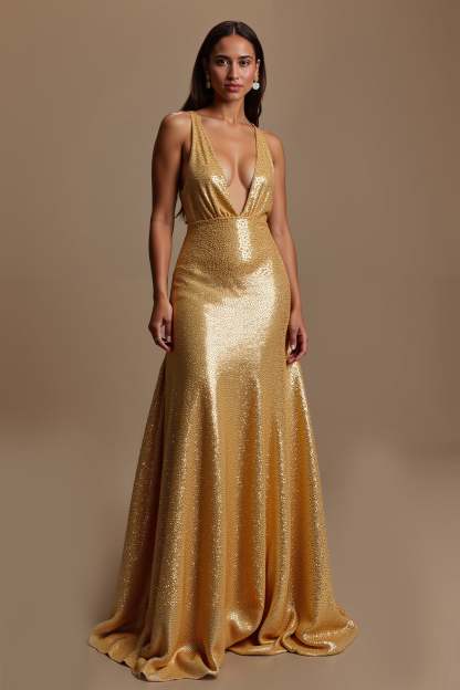 Leely Women Sparkly Gold Mermaid Maxi Holiday Party Dress with Sequins Deep V-Neck Ruched Backless Evening Dress