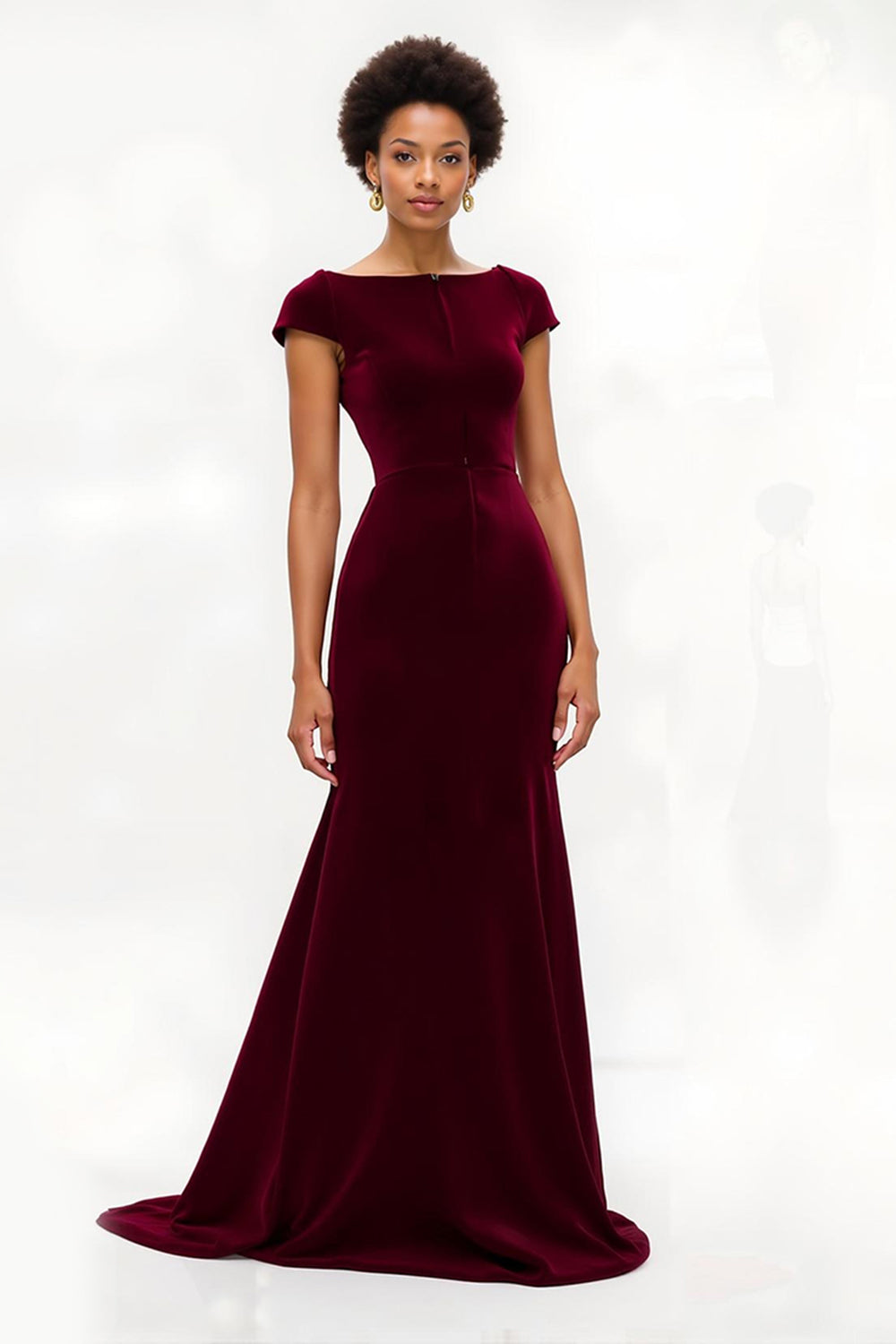 Burgundy Boat Neck Mermaid Long Holiday Party Dress with Sleeves
