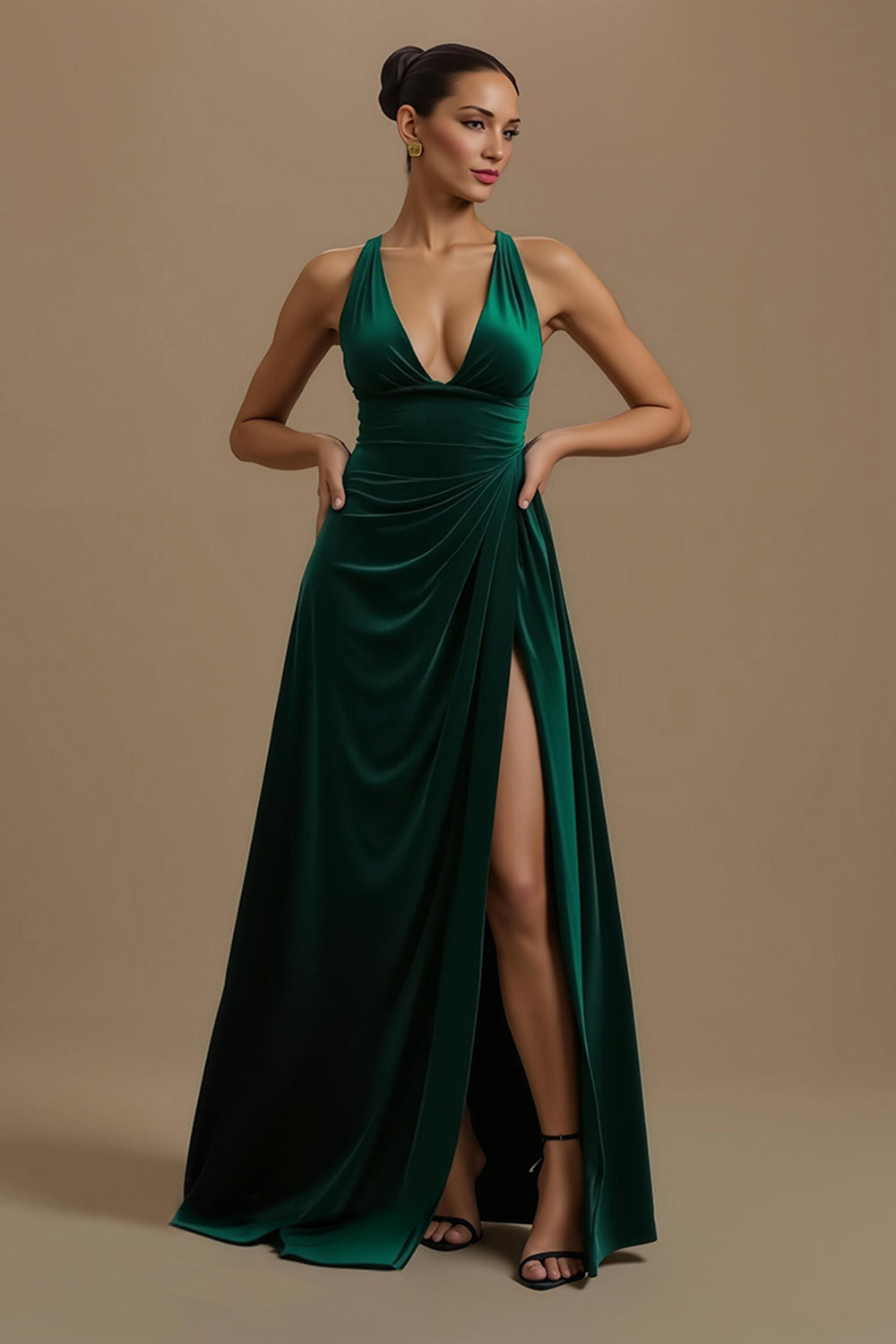 Dark Green V-Neck A Line Ruched Long Holiday Party Dress with Slit