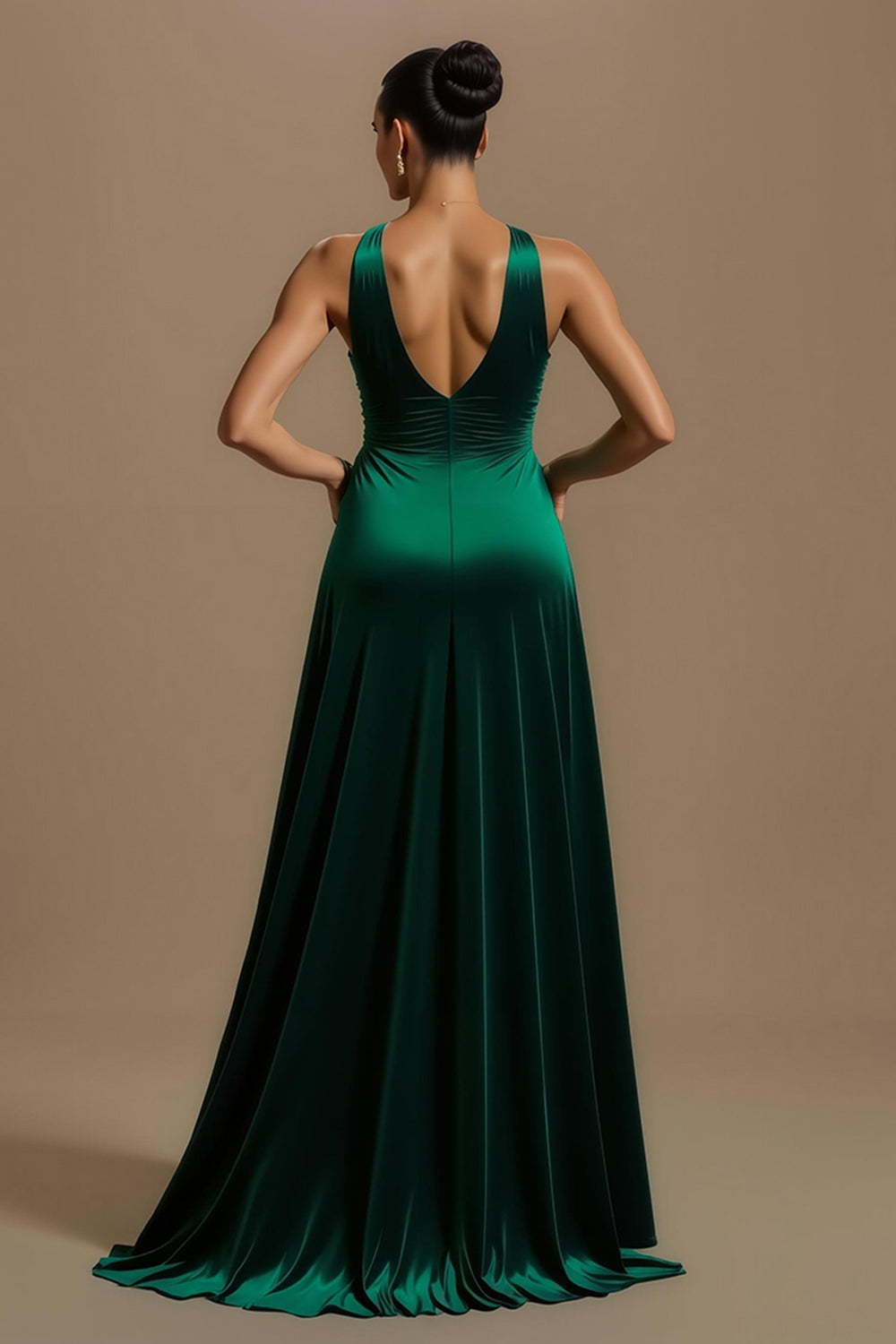 Dark Green V-Neck A Line Ruched Long Holiday Party Dress with Slit