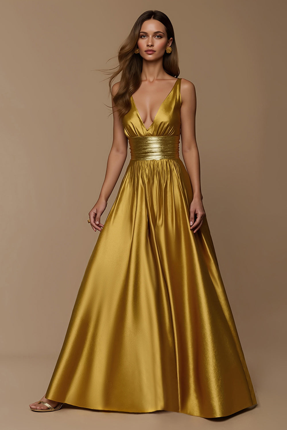 Leely Women Golden Metallic Maxi Holiday Party Dress Deep V-Neck High Waist A Line Formal Dress