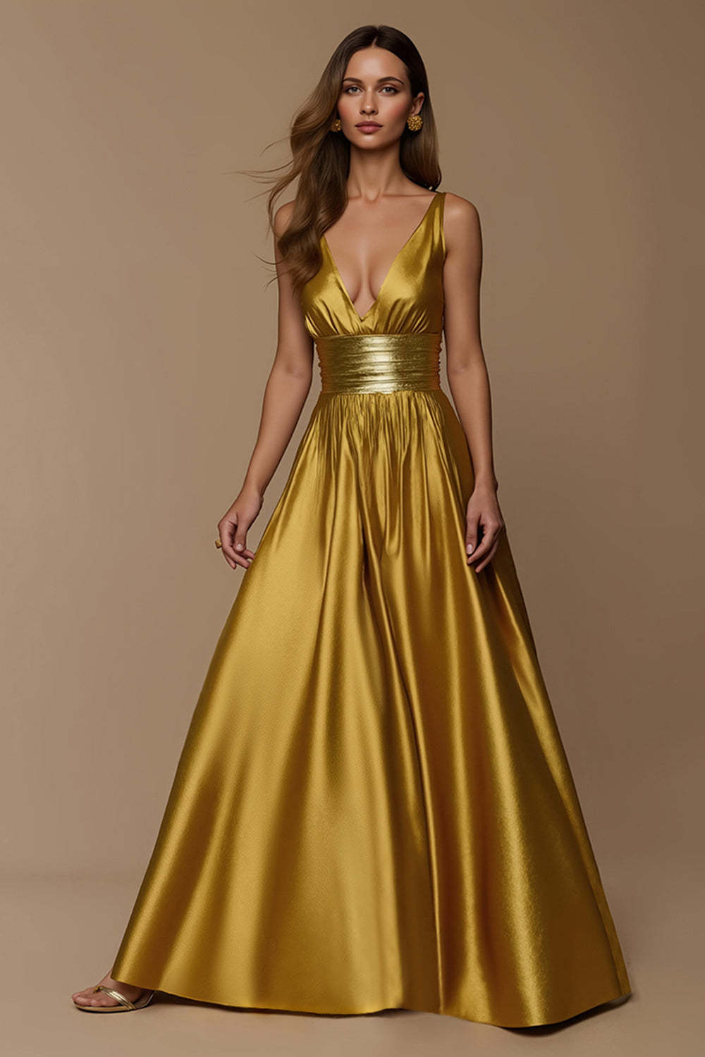 Leely Women Golden Metallic Maxi Holiday Party Dress Deep V-Neck High Waist A Line Formal Dress