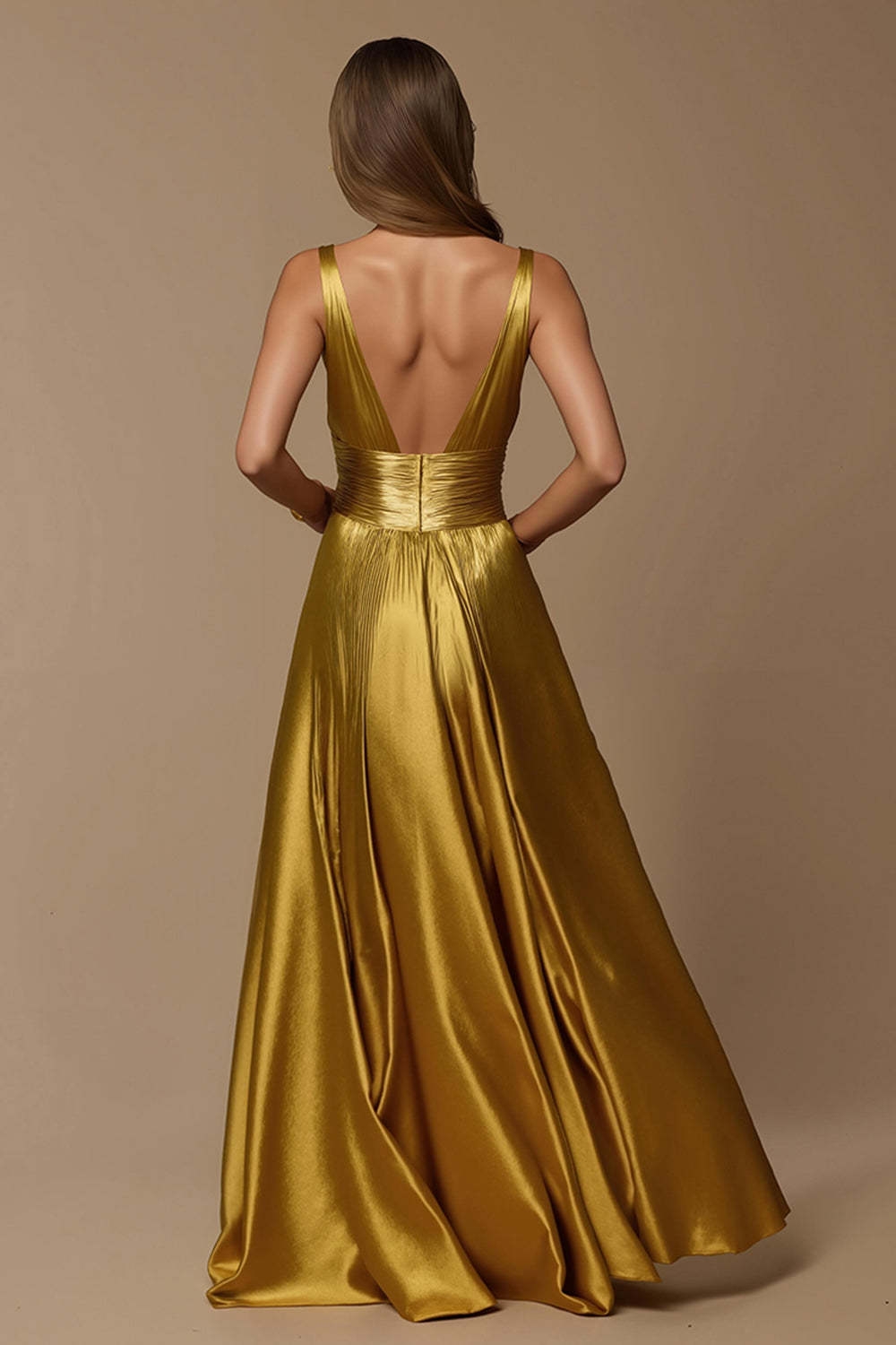 Golden Deep V-Neck High Waist A Line Long Holiday Party Dress