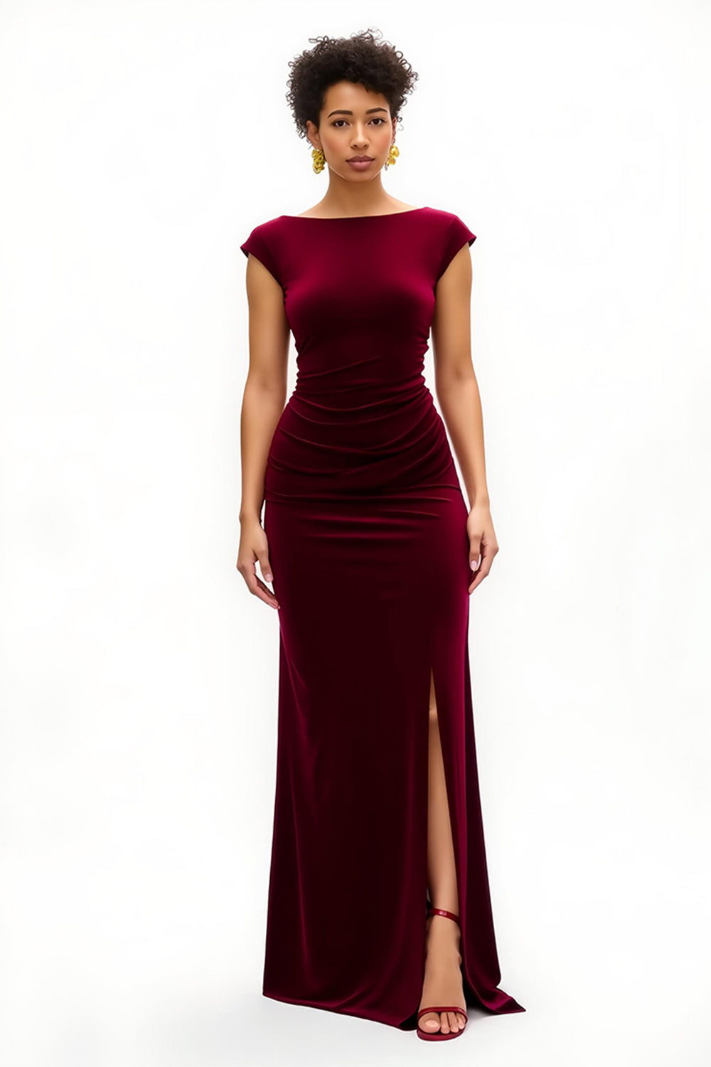 Burgundy Boat Neck Cap Sleeves Sheath Long Holiday Party Dress with Slit