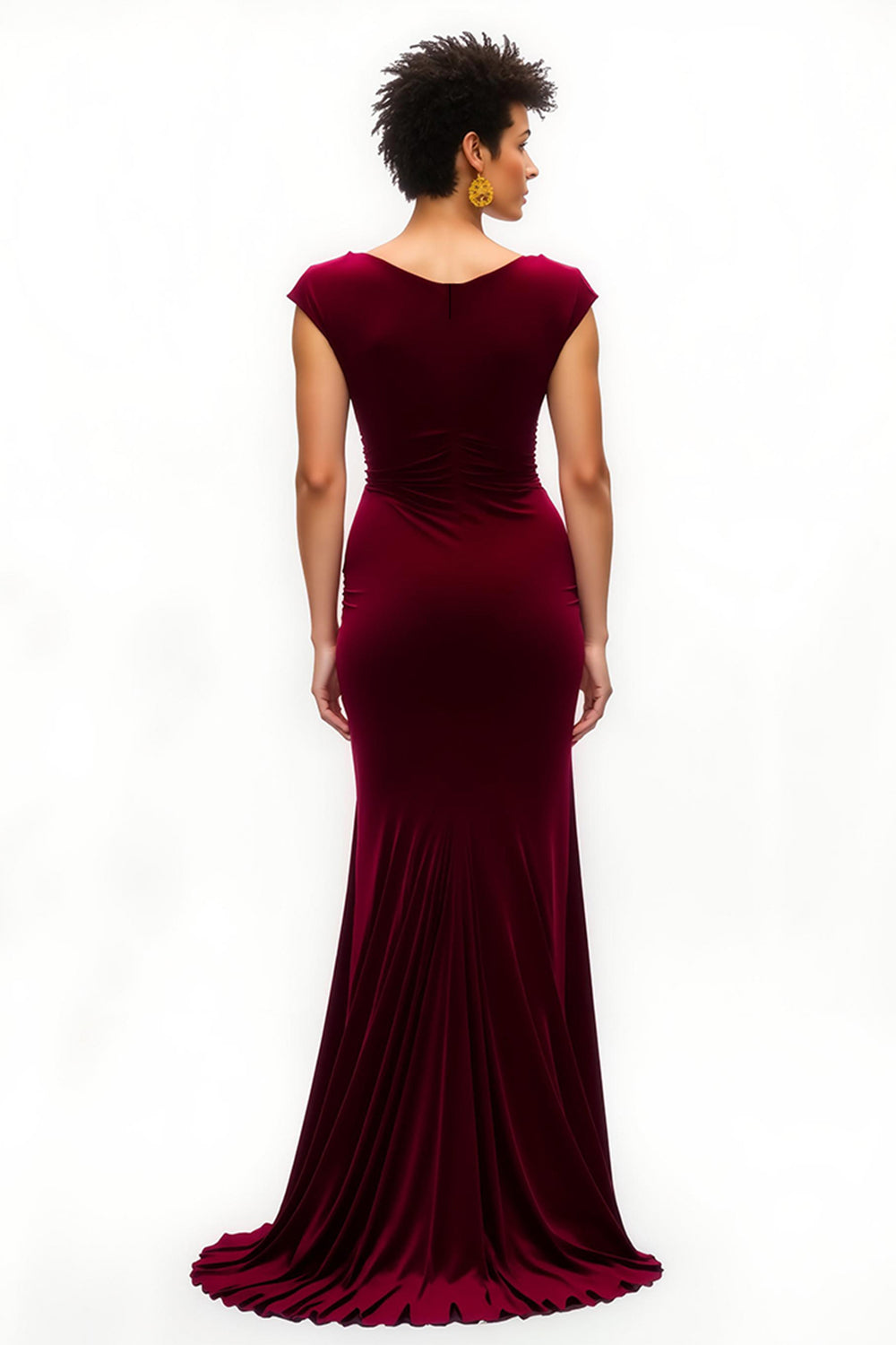 Burgundy Boat Neck Cap Sleeves Sheath Long Holiday Party Dress with Slit