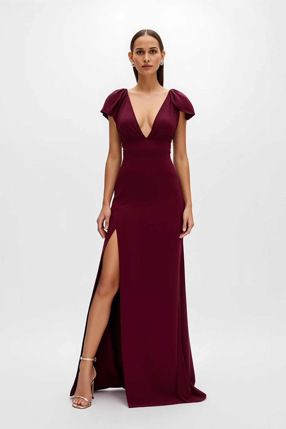 Burgundy Sheath V-Neck Cap Sleeves Long Holiday Party Dress with Slit