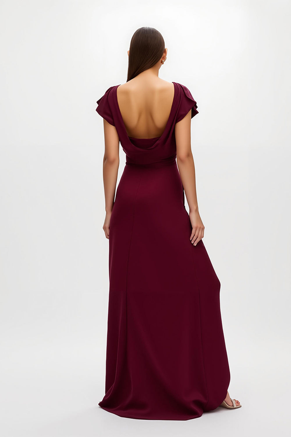 Burgundy Sheath V-Neck Cap Sleeves Long Holiday Party Dress with Slit