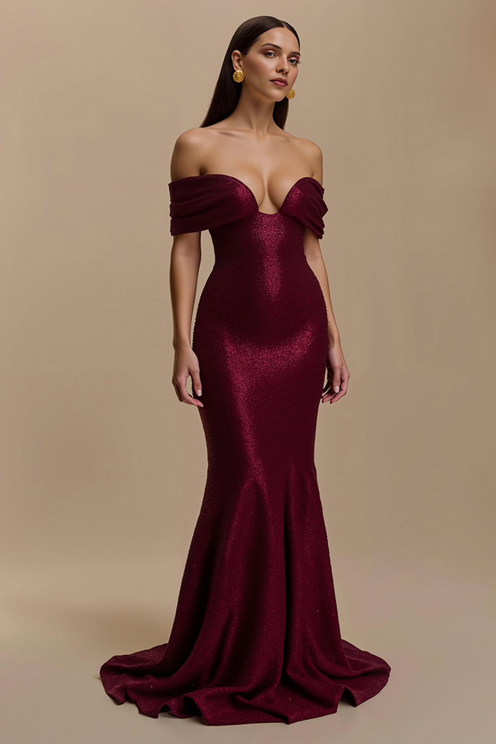 Long Burgundy Mermaid Off the Shoulder Holiday Party Dress