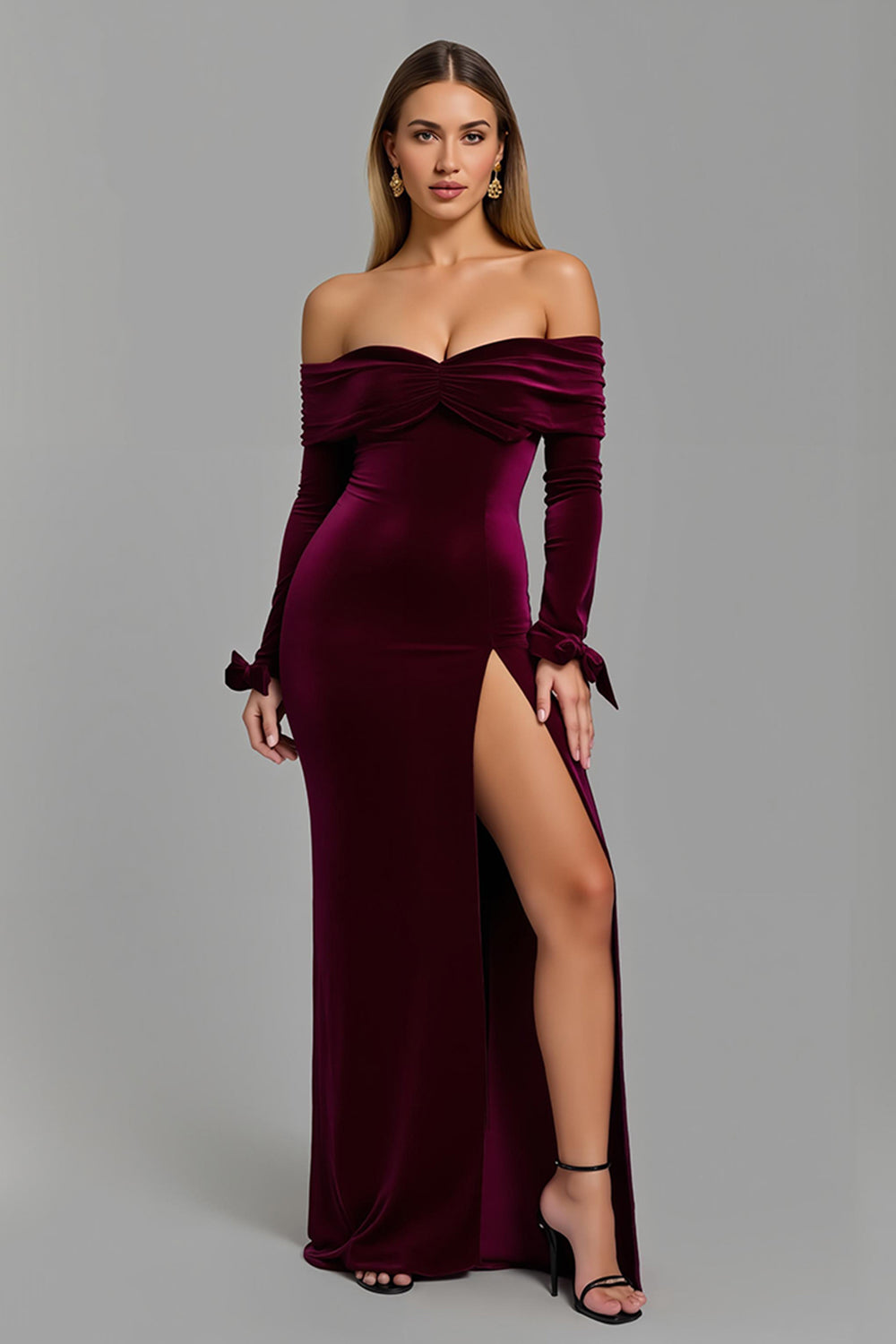 Leely Women Burgundy Velvet Maxi Sheath Holiday Party Dress Off the Shoulder Long Sleeves Formal Dress with Slit